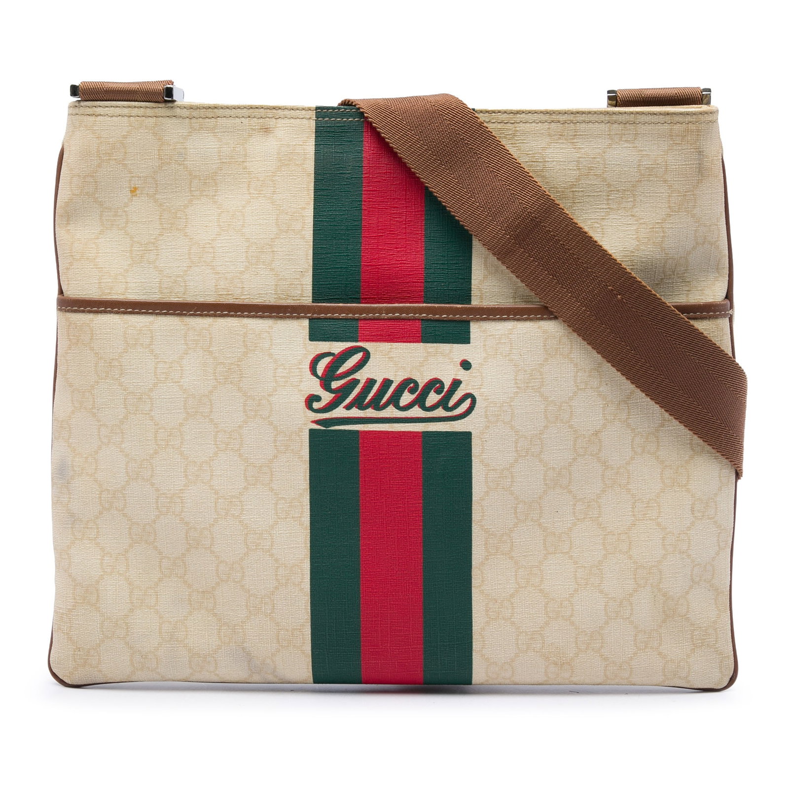 Gucci GG Supreme Web Logo Crossbody Bag White Fabric: Gucci GG Supreme Web Logo Crossbody Bag White Fabric Gucci GG Supreme Web Logo Crossbody in white with a coated canvas body and adjustable flat strap. The bag features a top zip closure, an exterior f