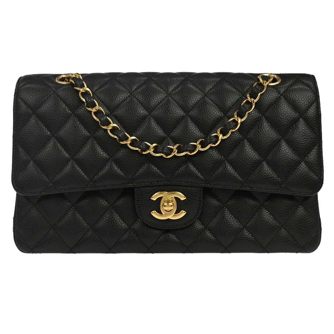 CHANEL Classic Double Flap Medium Shoulder Bag Black Caviar Leather: CHANEL Classic Double Flap Medium Shoulder Bag Black Caviar Leather Chanel Classic Double Flap medium shoulder bag in black caviar skin leather with a matelasse finish and signature turnlock closure. 