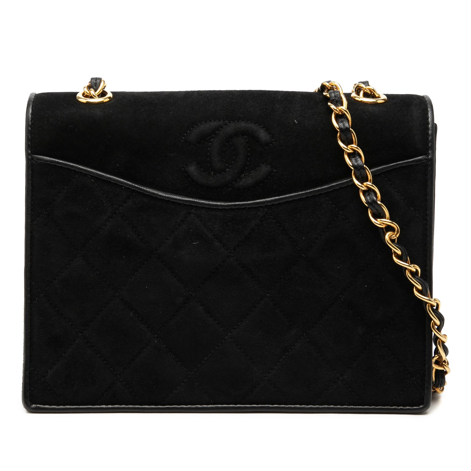 Chanel Small CC Flap Crossbody in Black Quilted Suede: Chanel Small CC Flap Crossbody in Black Quilted Suede A Chanel Small CC quilted crossbody bag crafted with a quilted suede body and a leather-woven chain shoulder strap. The design includes a front fl