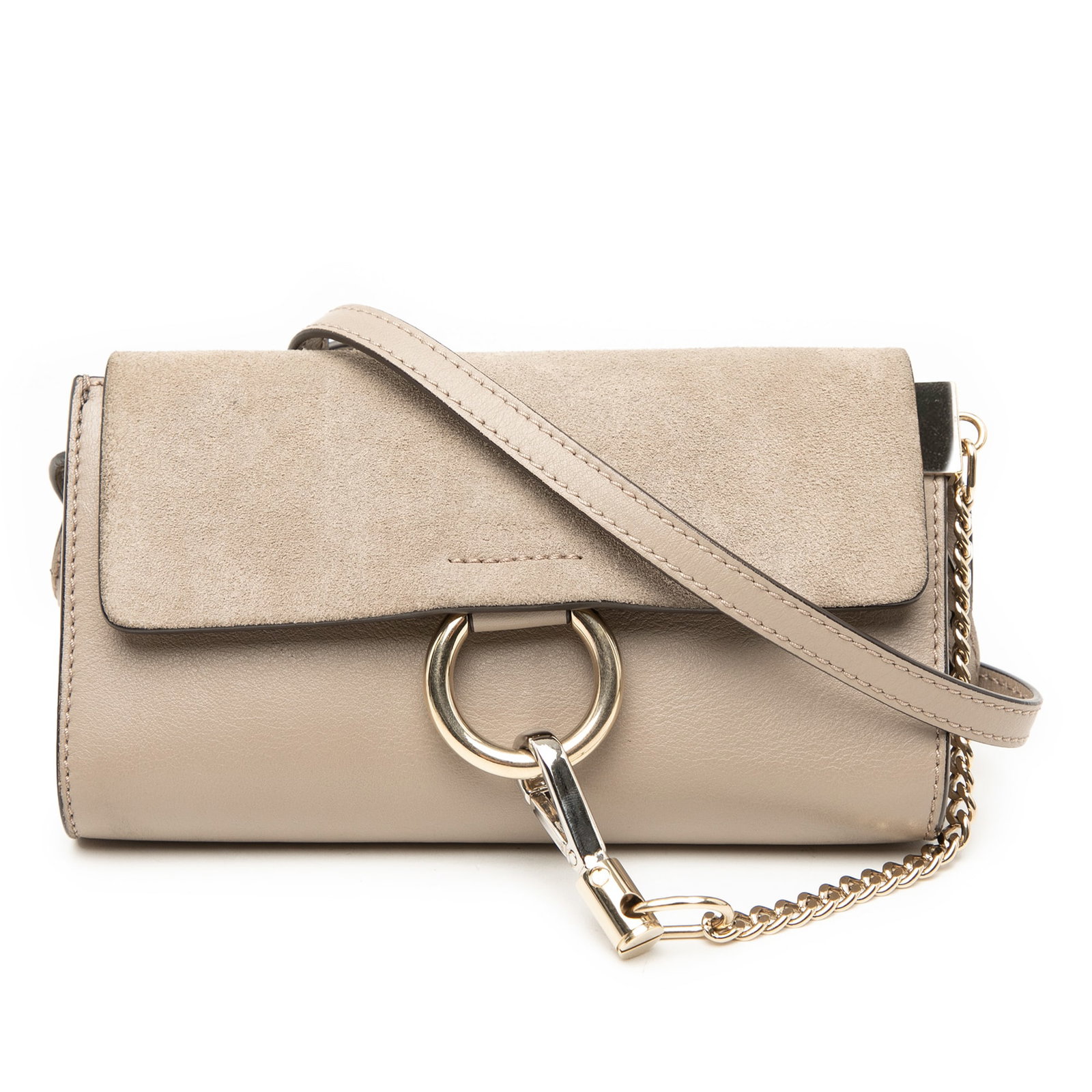 Chloe Faye Mini Crossbody Bag in Calfskin and Suede: Chloe Faye Mini Crossbody Bag in Calfskin and Suede Chloe Mini Faye chain crossbody bag crafted with a leather body and suede top flap. This crossbody features a chain and leather strap, hook closure,
