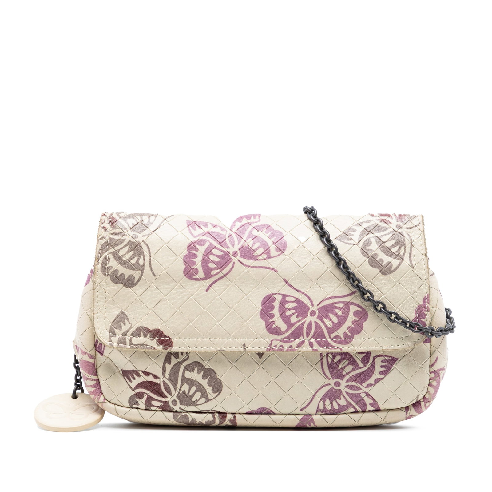 Bottega Veneta Butterfly Chain Crossbody Bag Leather Brown: Bottega Veneta Butterfly Chain Crossbody Bag Leather Brown This Bottega Veneta Small Nappa Intrecciomirage Butterfly Chain Crossbody bag features a printed leather body in brown, complemented by a cha