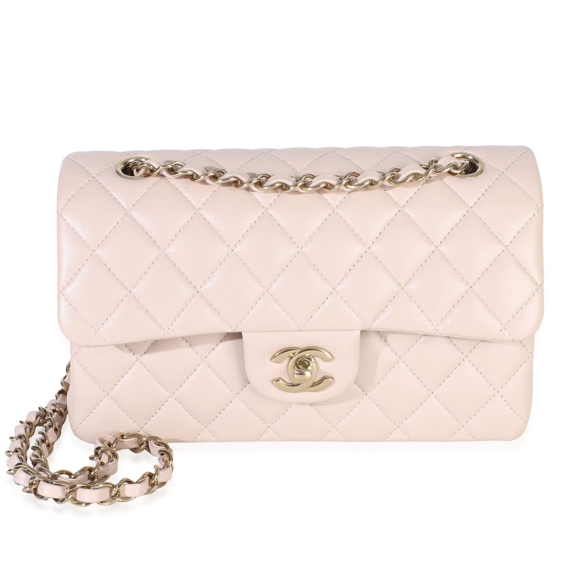 Chanel Small Classic Double Flap Shoulder Bag Pink Quilted Lambskin: Chanel Small Classic Double Flap Shoulder Bag Pink Quilted Lambskin Chanel Small Classic Double Flap Bag in light pink quilted lambskin with a turnlock closure and leather lining. This pre-owned shoul