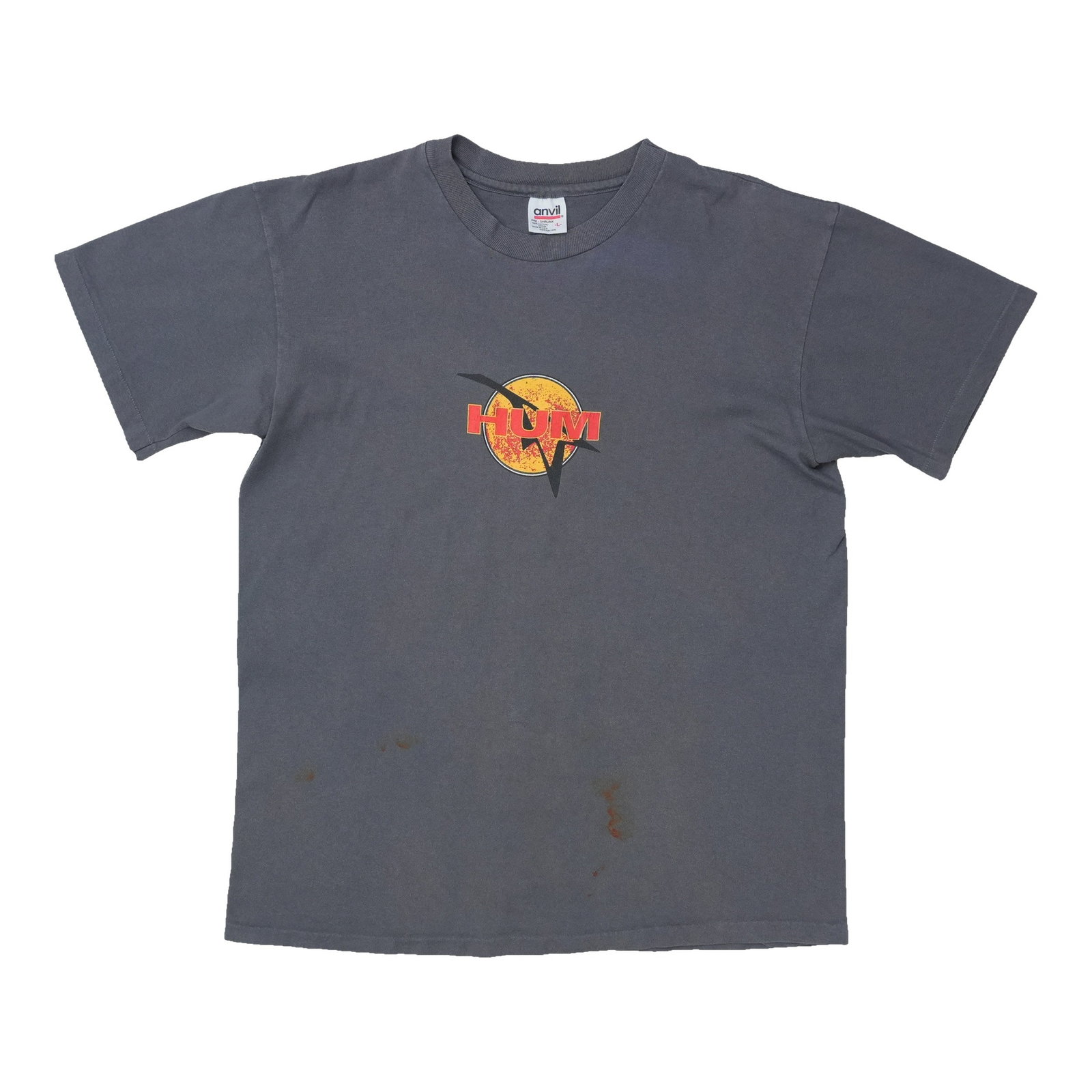Vintage Hum T Shirt Gray Cotton Large 1990s: Vintage Hum T Shirt Gray Cotton Large 1990s Original vintage 1990s Hum shirt in 100% cotton. This is a true vintage piece, not a modern reproduction. It is in good condition with no holes and discolor