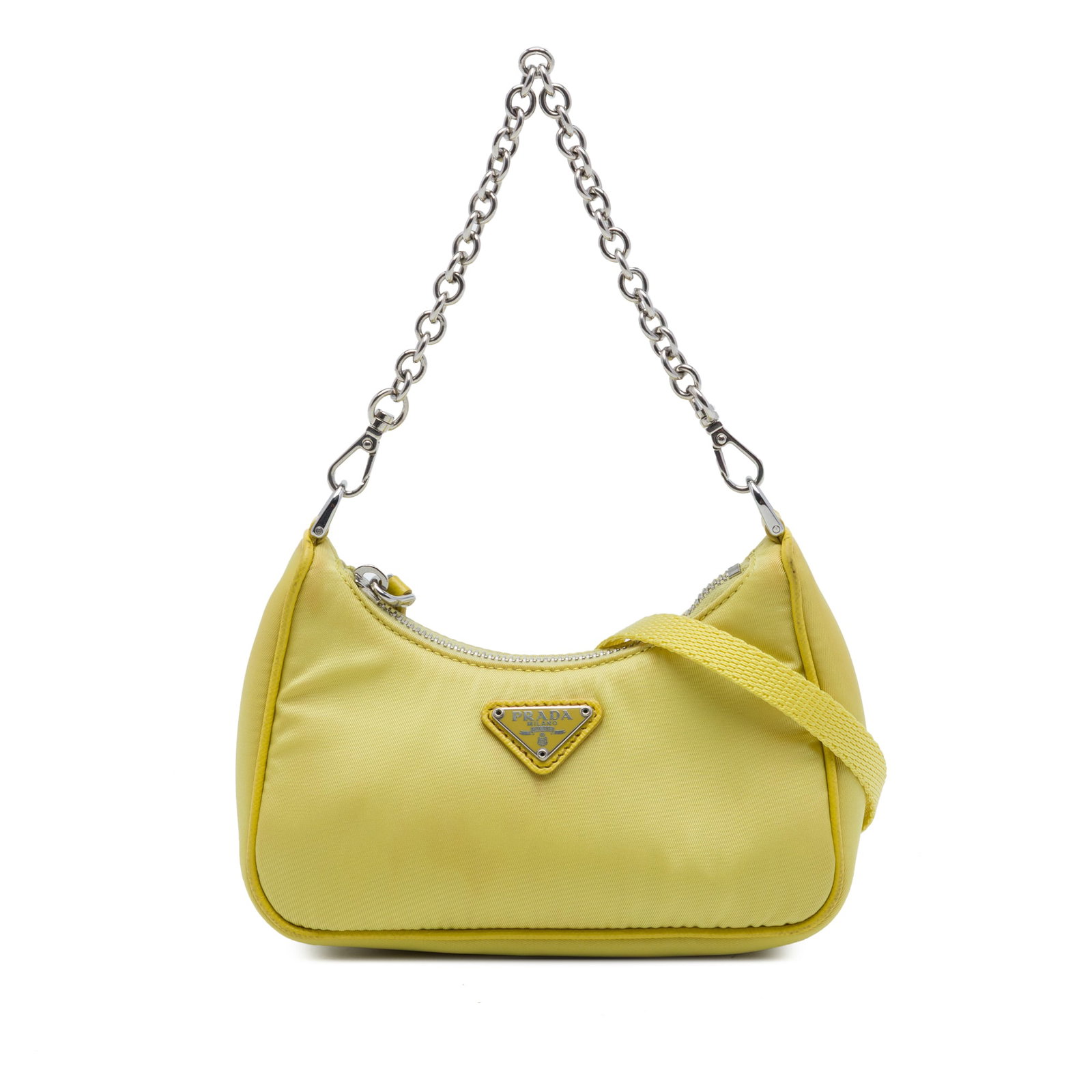 Prada Re Edition 2005 Mini Tessuto Nylon Satchel: Prada Re Edition 2005 Mini Tessuto Nylon Satchel Prada Mini Tessuto Re Edition 2005 satchel in yellow fabric with a nylon body, chain handle, detachable flat shoulder strap, and top zip closure. Made 