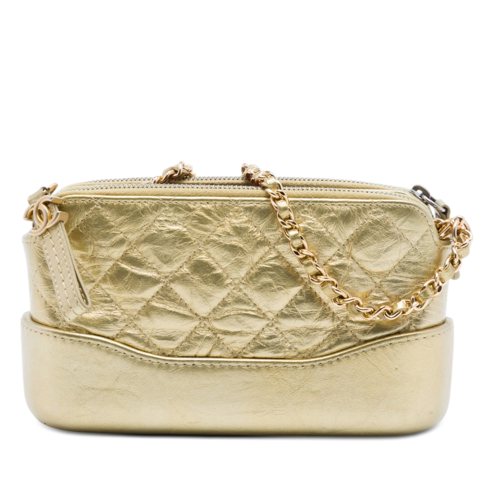 Chanel Gabrielle metallic quilted calfskin chain clutch bag: Chanel Gabrielle metallic quilted calfskin chain clutch bag Chanel Gabrielle clutch with chain in quilted metallic aged calfskin. This crossbody bag features a metallic calf leather body, leather-wove