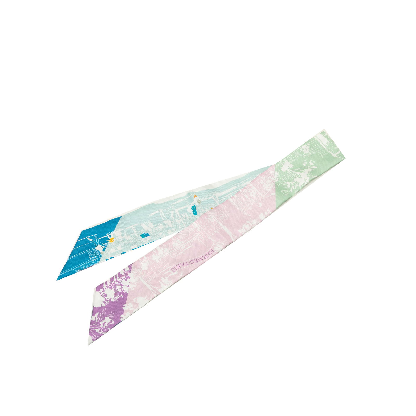 Hermes A L Ombre des Boulevards Silk Twilly: Hermes A L Ombre des Boulevards Silk Twilly Hermes A L Ombre des Boulevards Silk Twilly Scarf in multicolor silk with the A L Ombre des Boulevards print. A refined accessory made in France and present