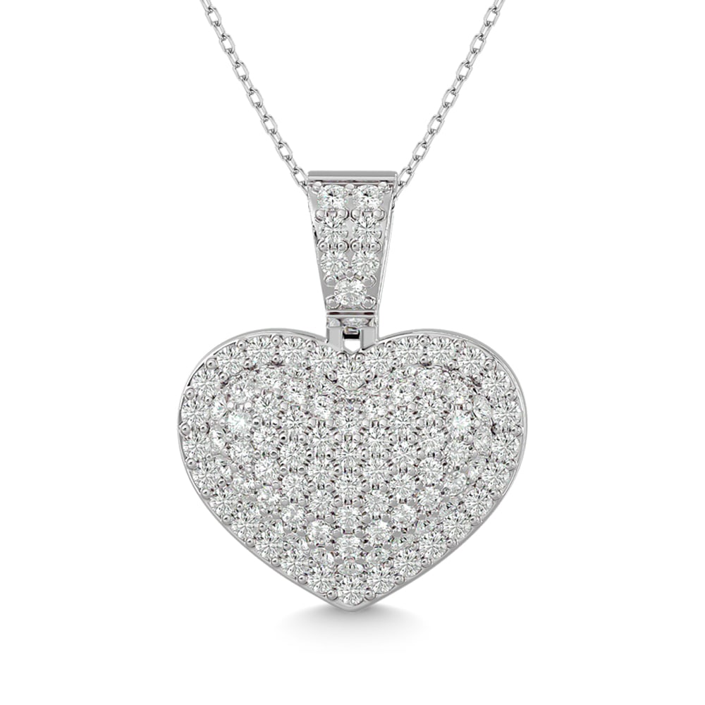 Diamond 1 1/2 Ct.tw Heart Pendant in 10K White Gold: Diamond 1 1/2 Ct.tw Heart Pendant in 10K White Gold Wow her with this beautiful heart pendant. Crafted in cool 10K white gold, this dazzling design features a shimmering round cut 1 1/2 Ct.Tw. t.w.dia
