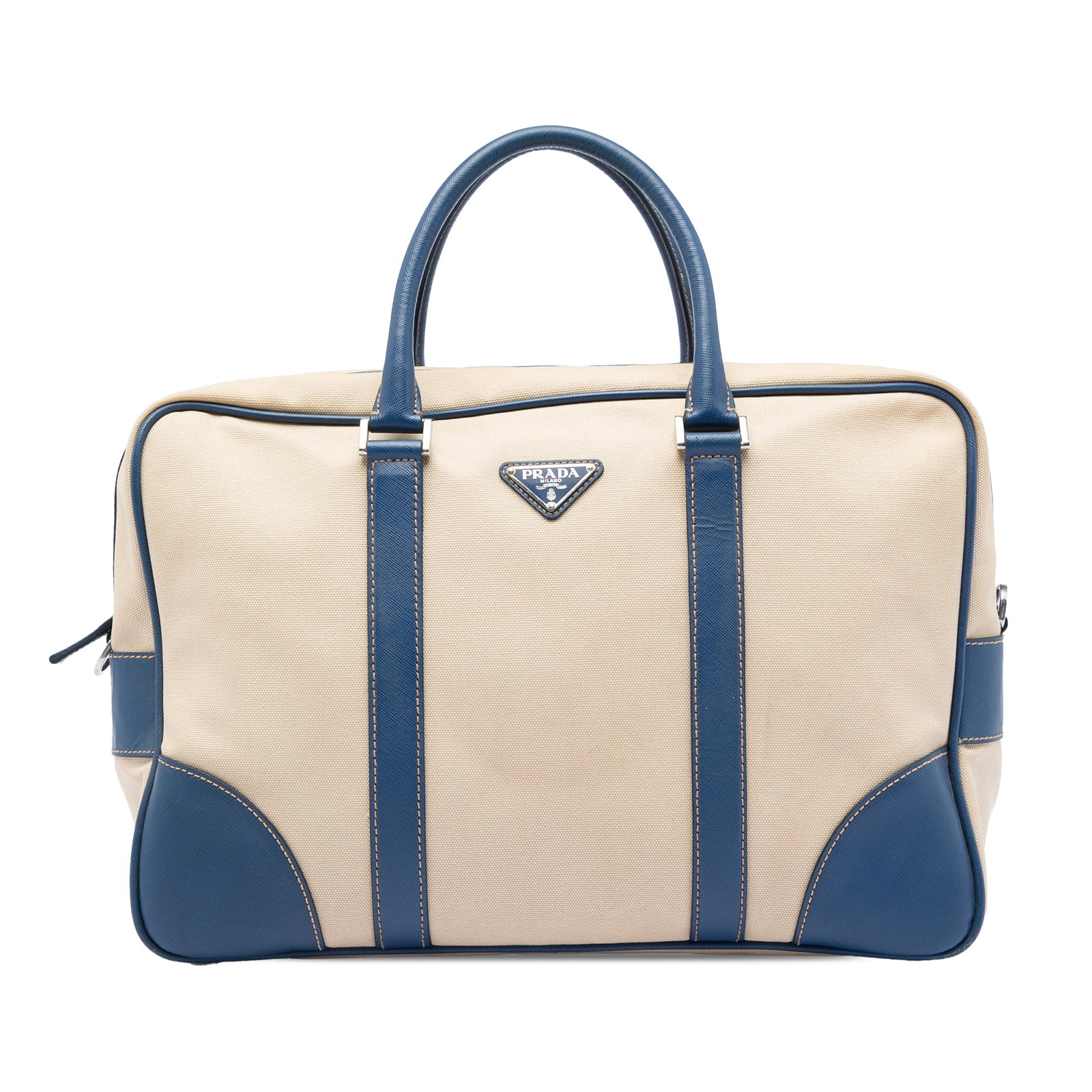 Prada briefcase in canvas with Saffiano leather trim: Prada briefcase in canvas with Saffiano leather trim A Prada briefcase crafted with a canvas body and Saffiano leather trim. It features rolled leather handles, a top zip closure, and an interior with