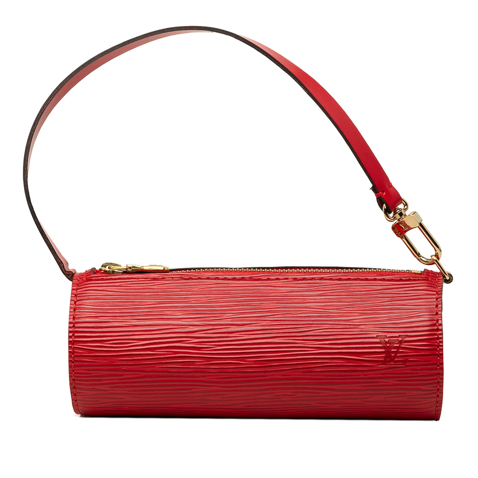 Louis Vuitton Epi Pochette Papillon Red Leather Bag: Louis Vuitton Epi Pochette Papillon Red Leather Bag A compact Louis Vuitton Epi Pochette Papillon in red leather with a structured cylindrical silhouette. It features a detachable leather strap and a 