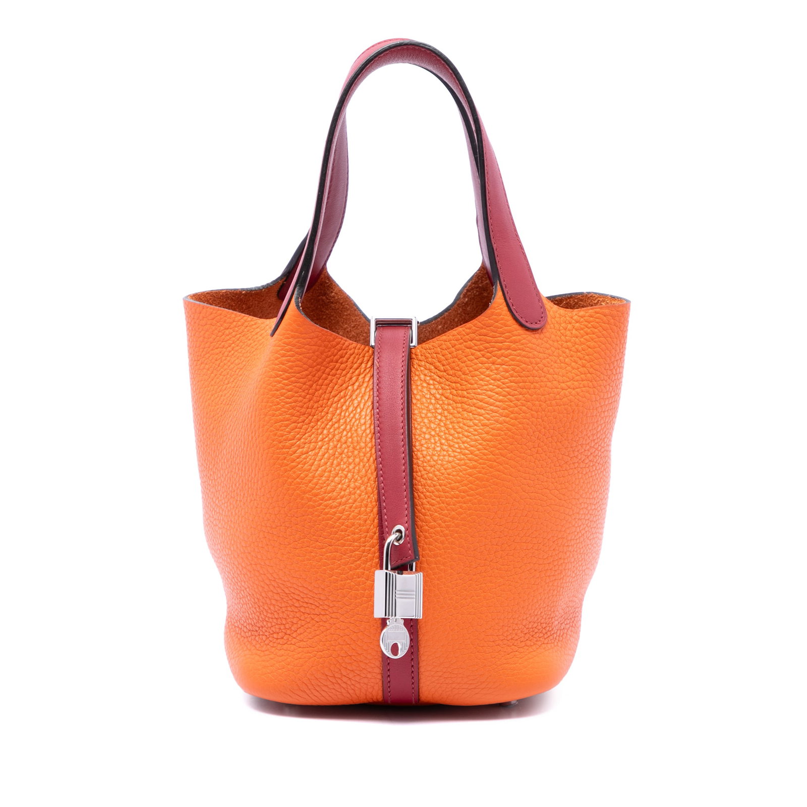 Hermes Picotin Lock 18 Bicolor Clemence Swift Leather Bag: Hermes Picotin Lock 18 Bicolor Clemence Swift Leather Bag Hermes Picotin Lock 18 in bicolor Clemence leather with Swift leather trim, finished in Orange and Rubis. This open-top bag features flat leat