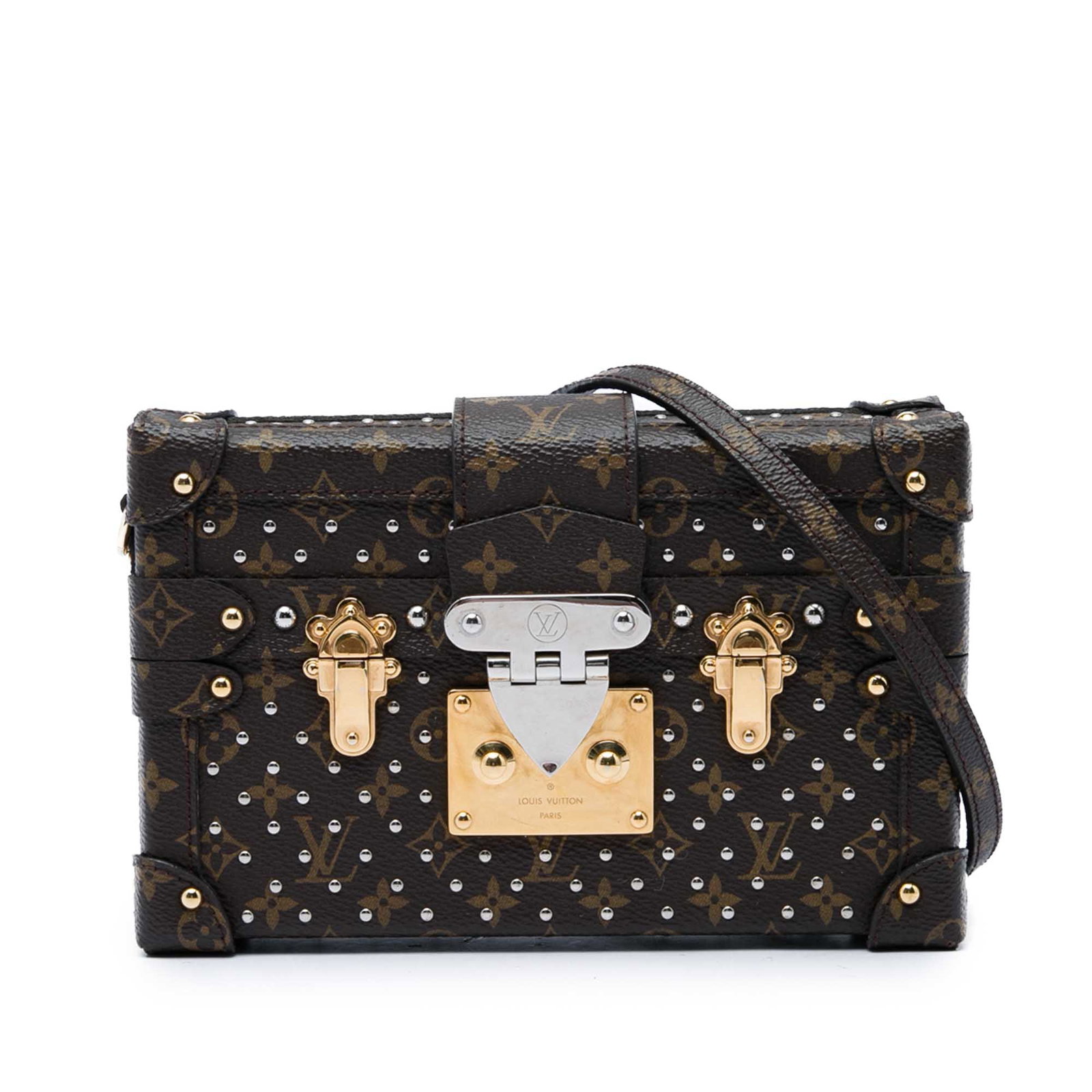 Louis Vuitton Petite Malle Studded Monogram Shoulder Bag: Louis Vuitton Petite Malle Studded Monogram Shoulder Bag A compact Louis Vuitton Monogram Studded Petite Malle bag crafted with a coated canvas body and metallic studs. It features a detachable and ad