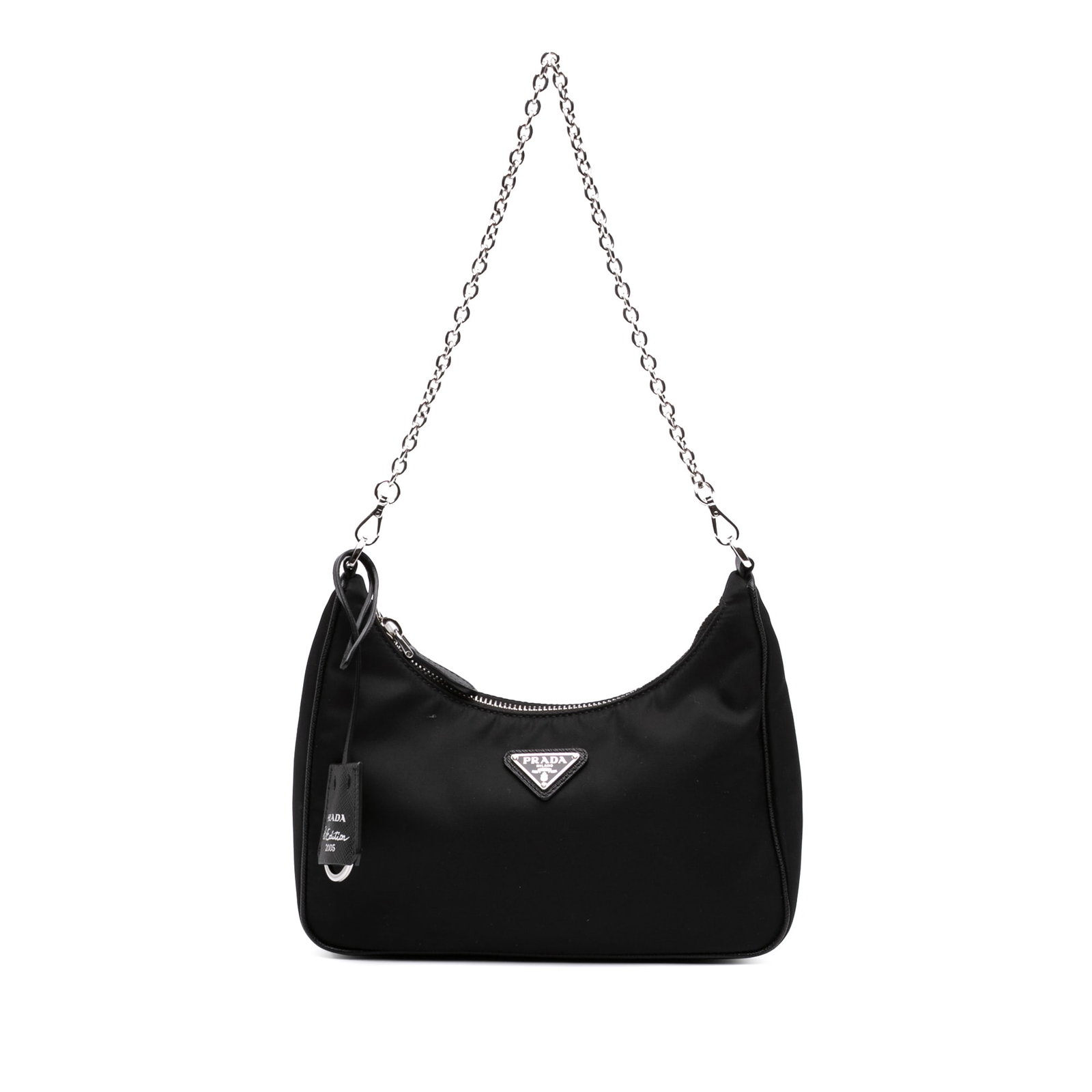 Prada Re-Edition 2005 Nylon Satchel with Saffiano Trim: Prada Re-Edition 2005 Nylon Satchel with Saffiano Trim Prada Re-Edition 2005 satchel in black with a nylon body and Saffiano trim. It features a chain shoulder strap, a detachable flat canvas strap, a