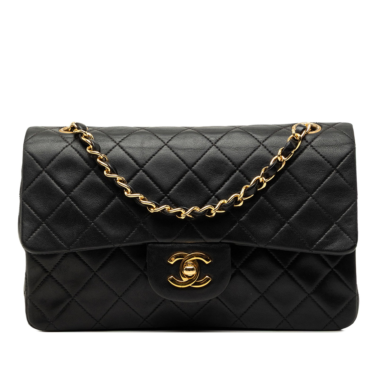 Chanel Small Classic Double Flap Shoulder Bag Black Lambskin: Chanel Small Classic Double Flap Shoulder Bag Black Lambskin A Chanel Small Classic Lambskin Double Flap shoulder bag in black quilted lambskin. This bag features leather-woven chain shoulder straps, 