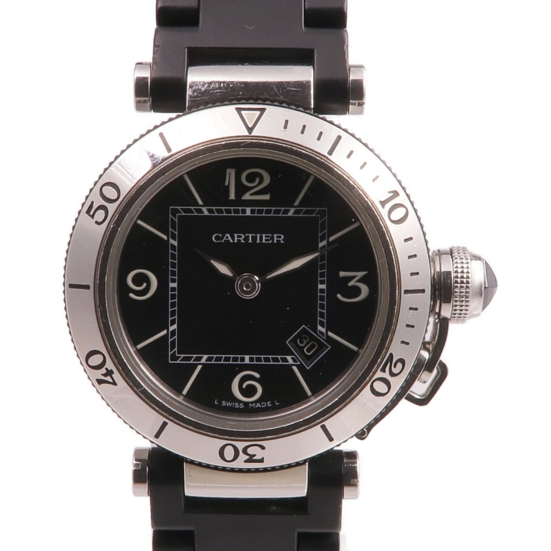 Cartier W3140003 Pasha Seatimer stainless steel quartz wristwatch: Cartier W3140003 Pasha Seatimer stainless steel quartz wristwatch Cartier Pasha Seatimer W3140003 wristwatch with a black dial and stainless steel case and bracelet. This women's quartz watch includes