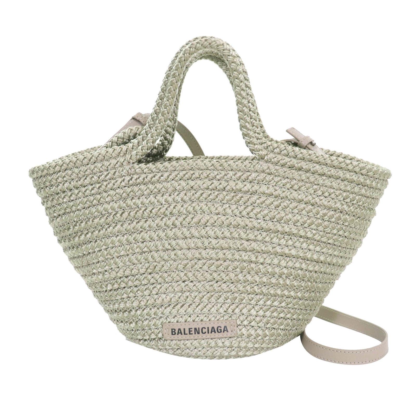 Balenciaga Ibiza Small Basket Bag in Green Woven Nylon: Balenciaga Ibiza Small Basket Bag in Green Woven Nylon A Balenciaga Small Nylon Ibiza Basket Bag in green with a woven nylon body, rolled handles, and a flat leather strap. The open-top design include