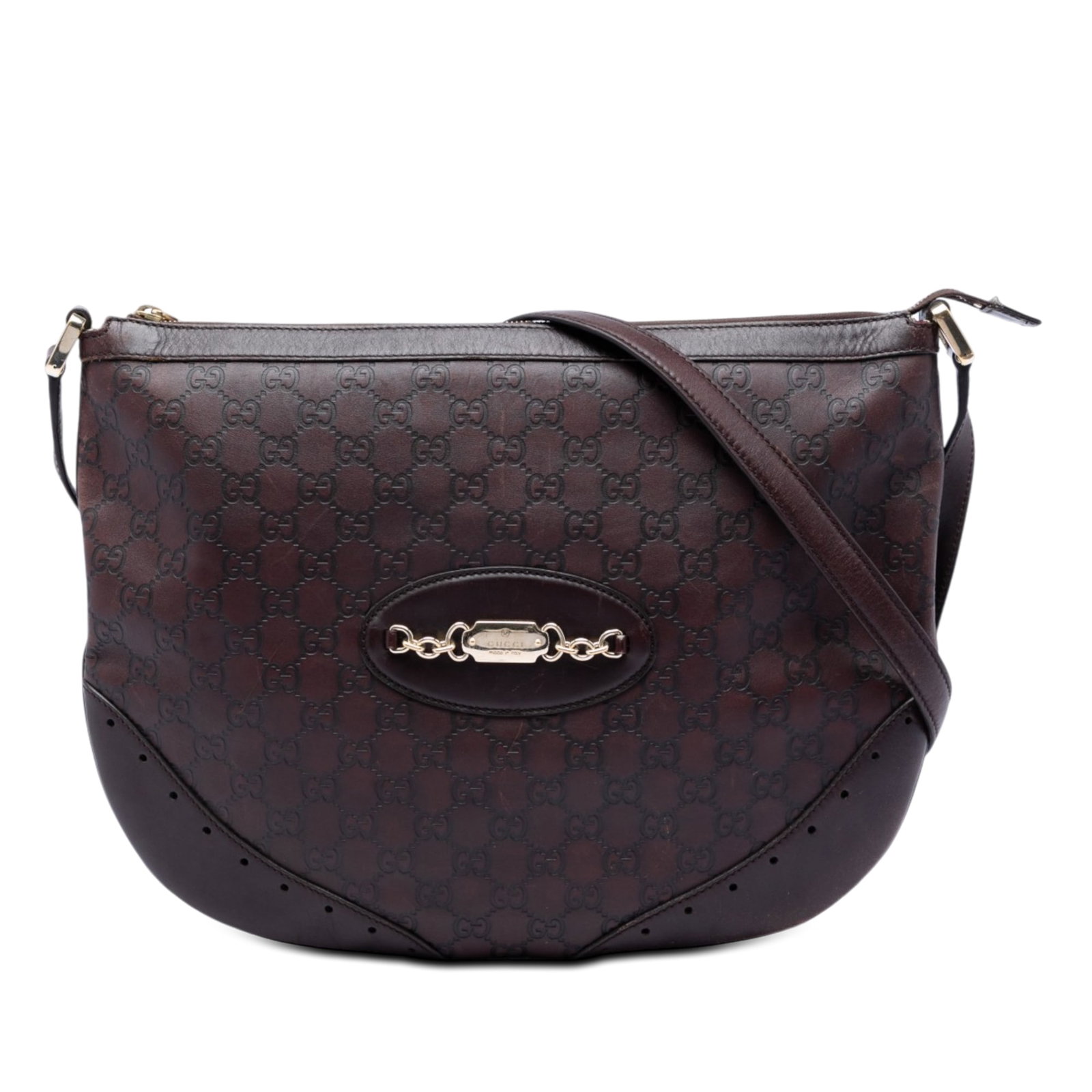 Gucci Guccissima Punch Leather Crossbody Bag Brown: Gucci Guccissima Punch Leather Crossbody Bag Brown Gucci Guccissima Punch Crossbody in brown embossed leather with an adjustable flat leather strap, top zip closure, and interior zip and slip pockets.