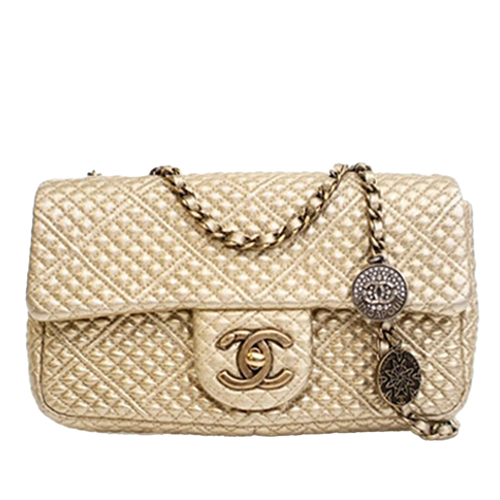 Chanel Small Micro Coin Flap Shoulder Bag Metallic Quilted Lambskin: Chanel Small Micro Coin Flap Shoulder Bag Metallic Quilted Lambskin A Chanel Small Micro Quilted Metallic Lambskin Coin Flap shoulder bag crafted in metallic quilted lambskin leather. It features leat