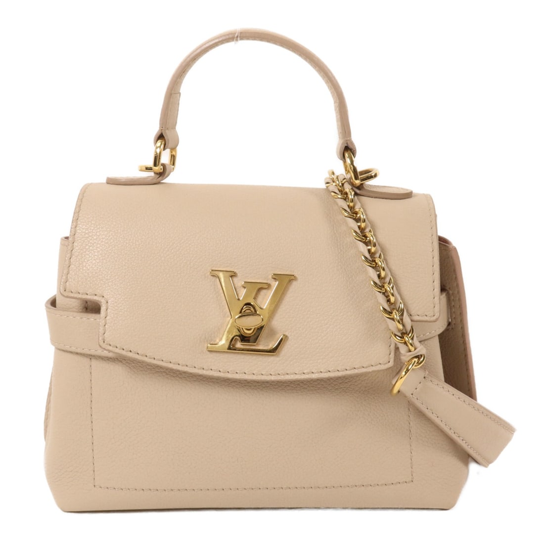 Louis Vuitton Lockme Ever Mini 2way Shoulder Bag M21052 Beige Calfskin: Louis Vuitton Lockme Ever Mini 2way Shoulder Bag M21052 Beige Calfskin Louis Vuitton Lockme Ever Mini 2-way shoulder bag in beige calfskin with a structured silhouette and turn-lock closure. This wome