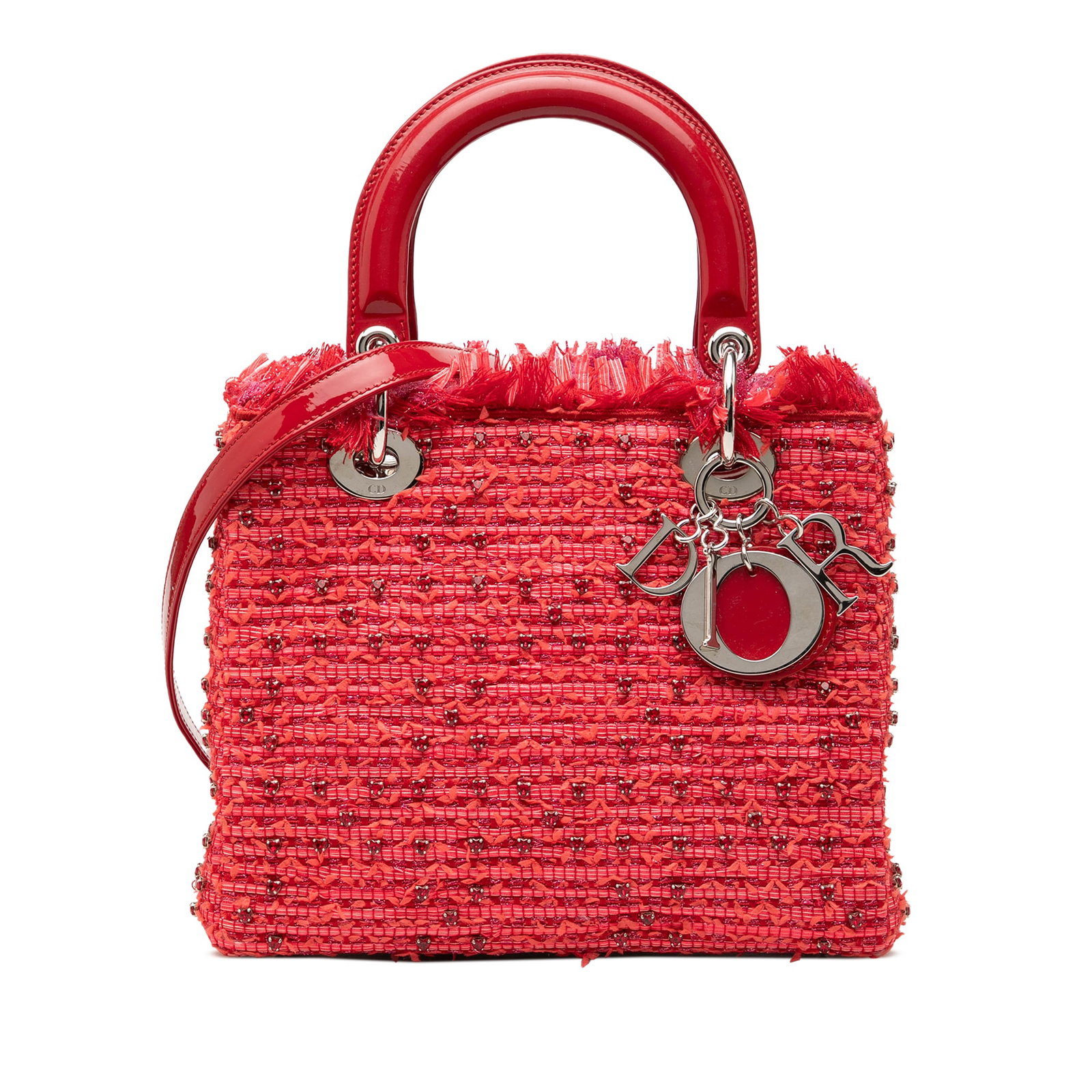 Dior Lady Dior Medium Red Tweed Handbag with Fringe Rhinestones (1 of 6)