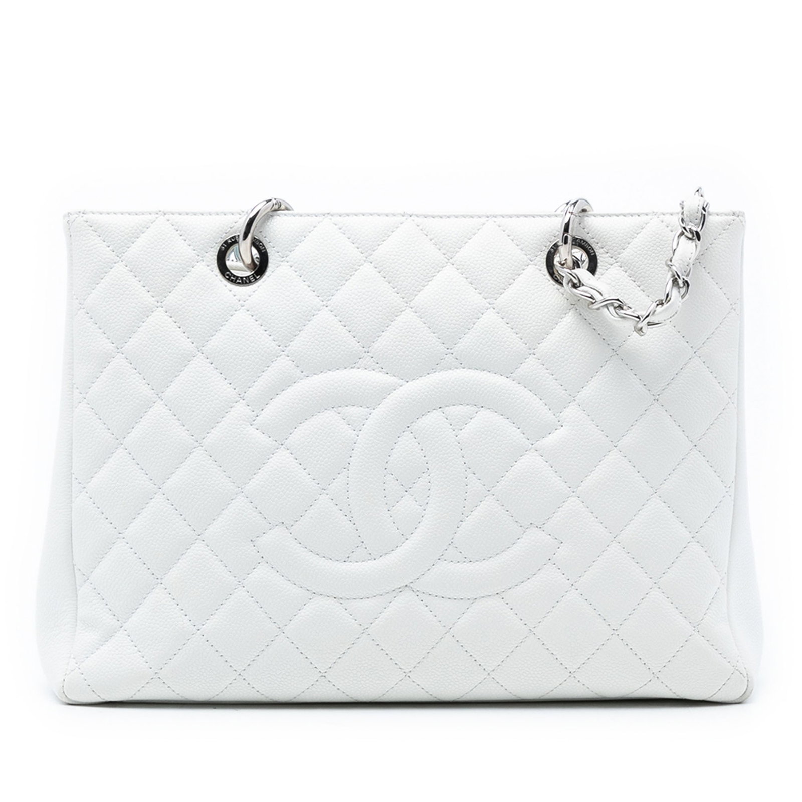 White Chanel Caviar Leather Grand Shopping Tote with Quilted Design: White Chanel Caviar Leather Grand Shopping Tote with Quilted Design This Chanel Grand Shopping Tote features a signature quilted Caviar leather body in white, complemented by leather-woven chain shoul
