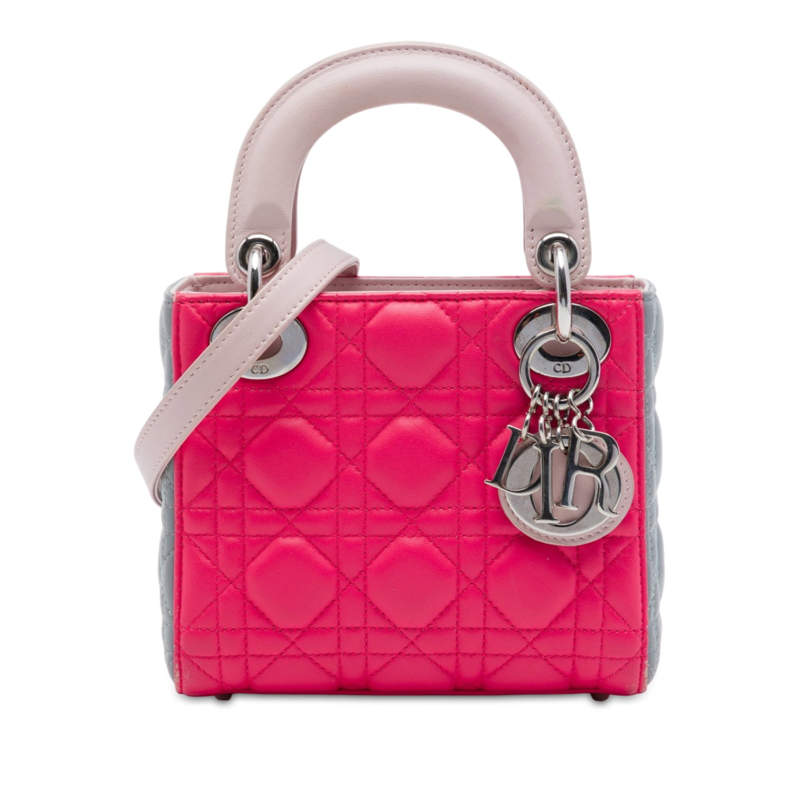 Dior Lady Dior Mini Cannage Tricolor Lambskin Bag: Dior Lady Dior Mini Cannage Tricolor Lambskin Bag Mini Lady Dior bag in tricolor quilted lambskin leather with Cannage stitching. It features flat leather top handles, a detachable and adjustable flat