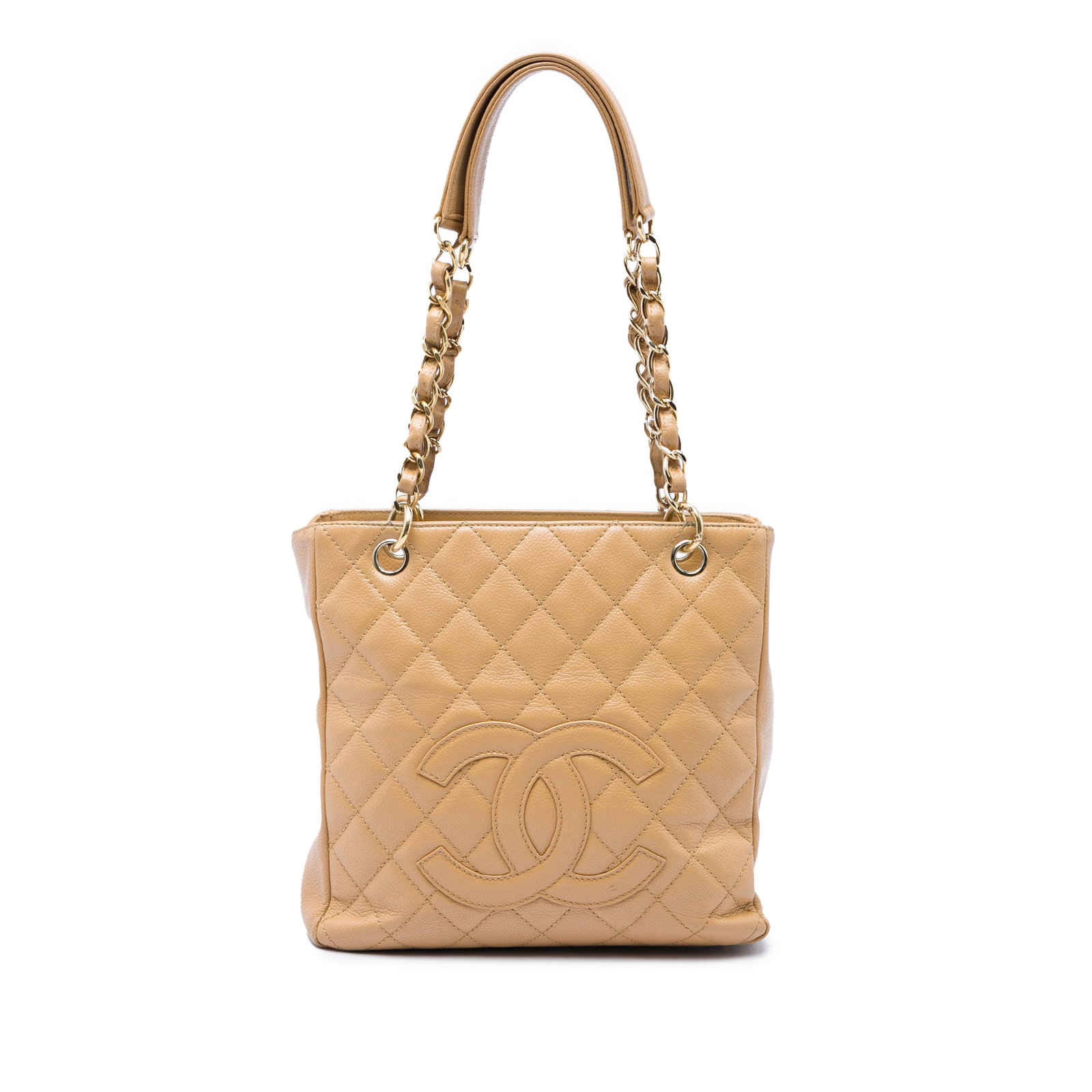 Chanel Petite Shopping Tote Brown Caviar Leather Handbag: Chanel Petite Shopping Tote Brown Caviar Leather Handbag A Chanel Petite Shopping Tote crafted in quilted brown caviar leather. This tote features leather-woven chain handles, an open top with a magne