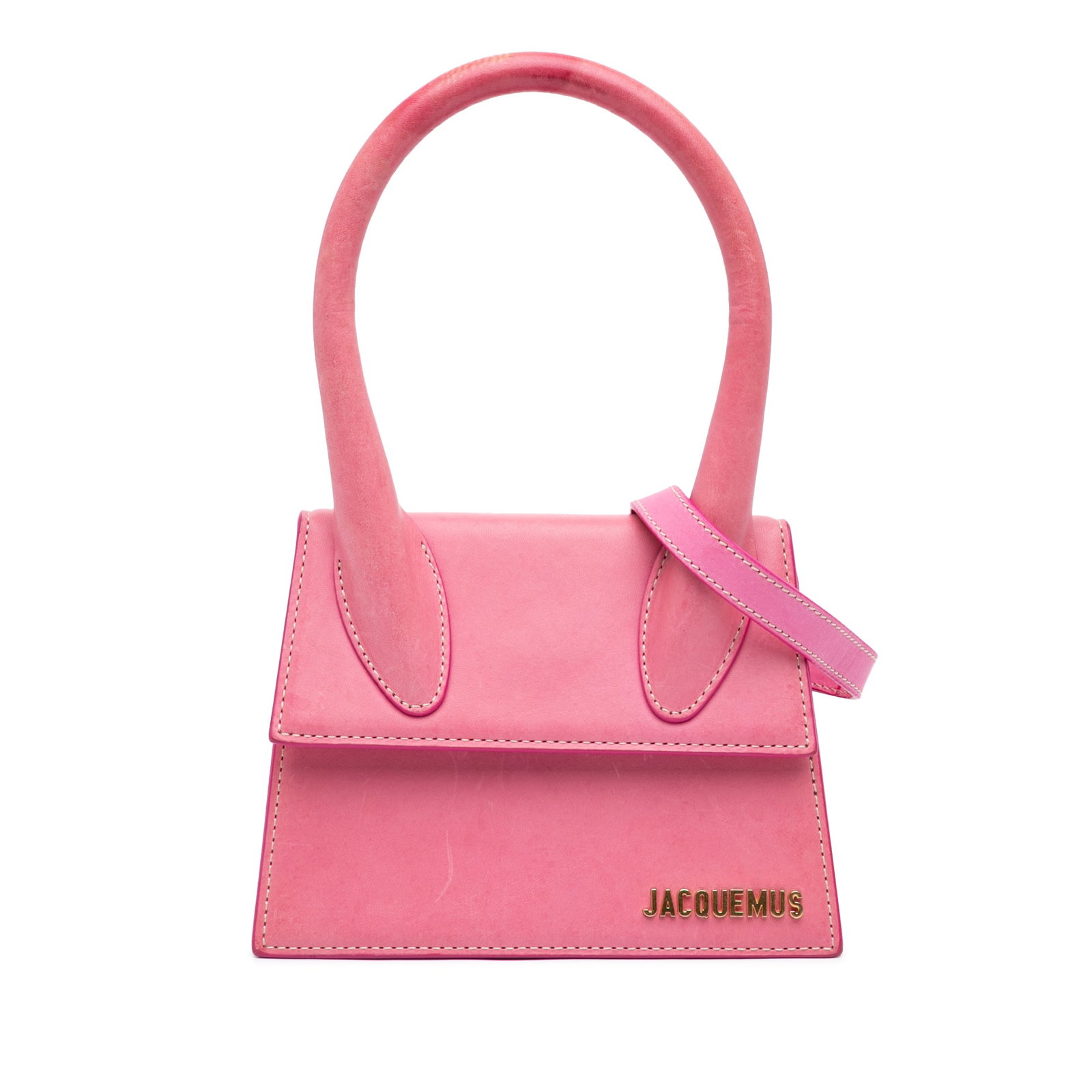 Jacquemus Le Chiquito Moyen Pink Leather Top Handle Bag: Jacquemus Le Chiquito Moyen Pink Leather Top Handle Bag A structured Jacquemus Le Chiquito Moyen bag in pink leather with a rolled top handle, detachable flat strap, top flap with magnetic snap closur