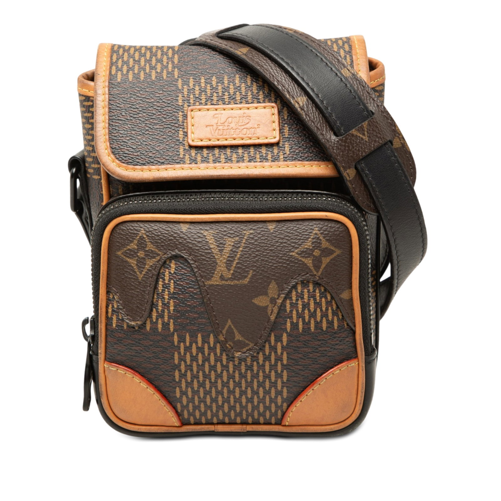 Louis Vuitton Nano Amazone Crossbody in Damier Ebene Monogram: Louis Vuitton Nano Amazone Crossbody in Damier Ebene Monogram Compact and distinctive, this Louis Vuitton Nigo Giant Damier Ebene Monogram Nano Amazone is crafted with a monogram and Damier Ebene canv