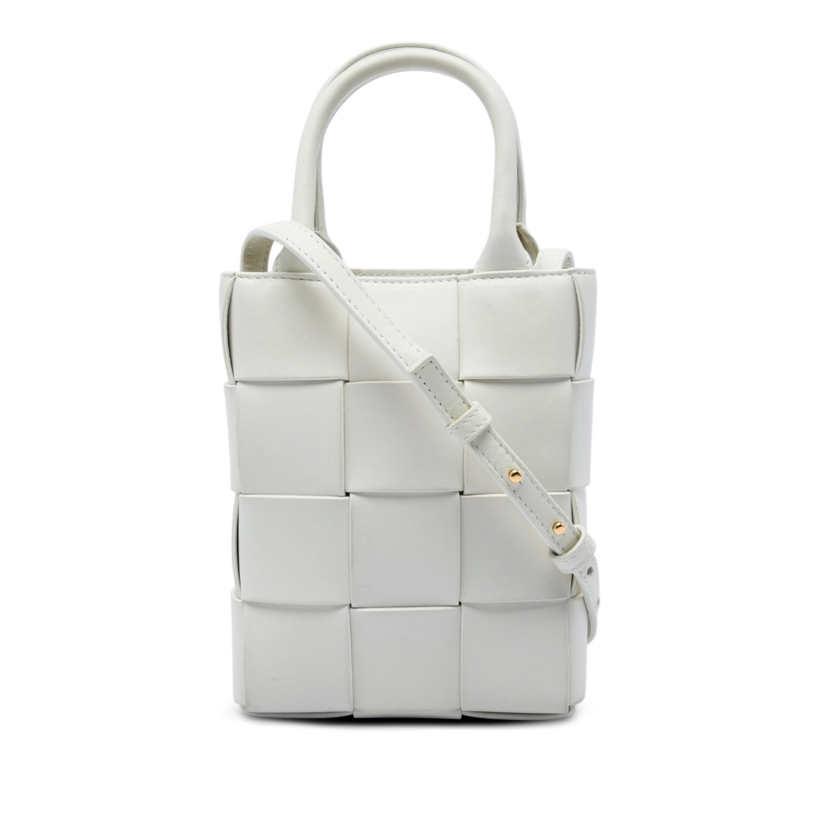 Bottega Veneta Casette Tote Mini Maxi Nappa Intrecciato White: Bottega Veneta Casette Tote Mini Maxi Nappa Intrecciato White This Bottega Veneta Mini Maxi Nappa Intrecciato North South Casette Tote is crafted in white woven nappa leather with rolled top handles, 