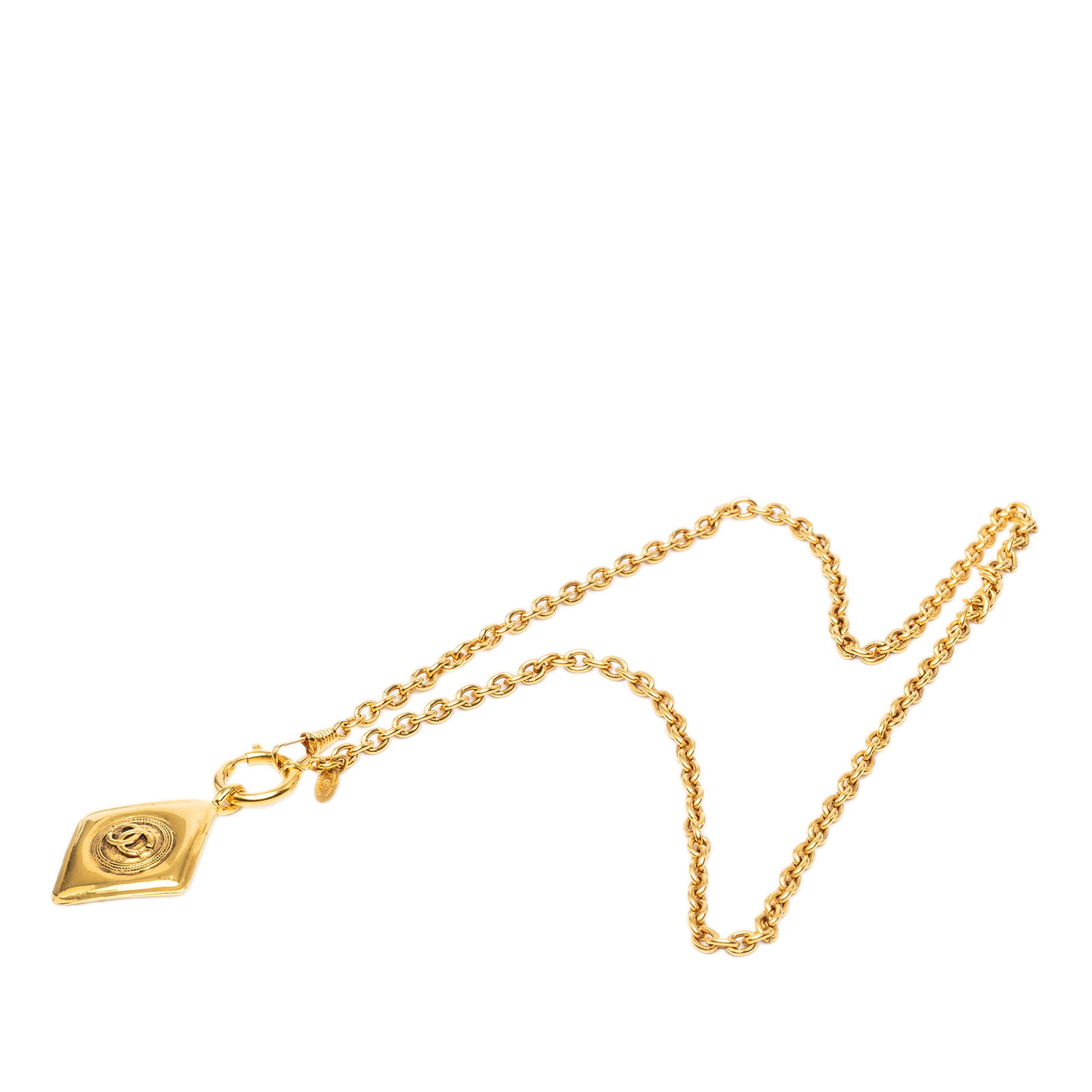 Chanel CC Diamond Shape Pendant Necklace Gold Plated Metal: Chanel CC Diamond Shape Pendant Necklace Gold Plated Metal Chanel CC diamond shape pendant necklace in gold-tone metal with a spring ring closure. This costume jewelry piece is made in France and feat