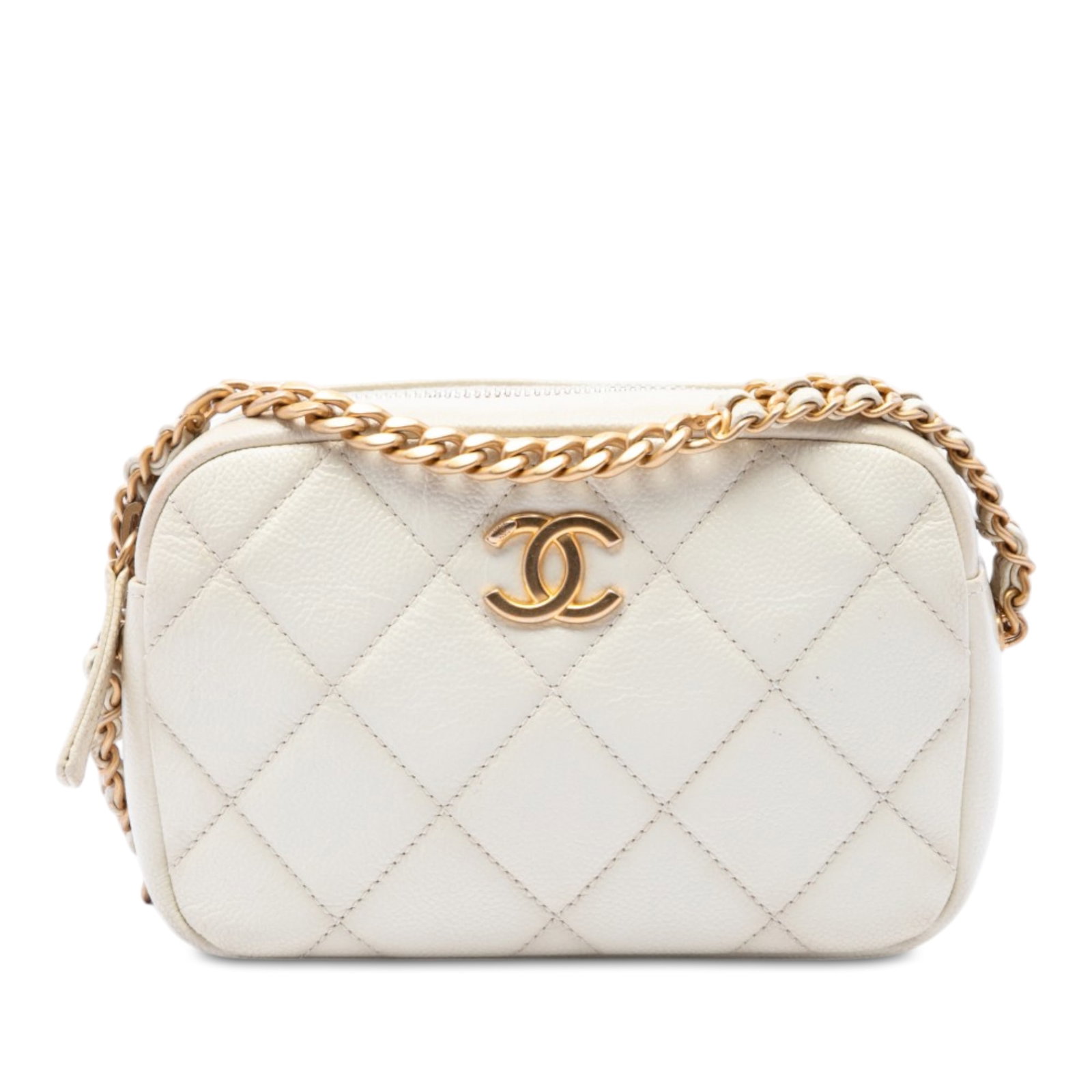 Chanel Melody Chain Camera Bag in White Quilted Caviar Leather: Chanel Melody Chain Camera Bag in White Quilted Caviar Leather Chanel CC Quilted Caviar Melody Chain Camera Bag in white quilted caviar leather with a leather-woven chain strap and top zip closure. Th