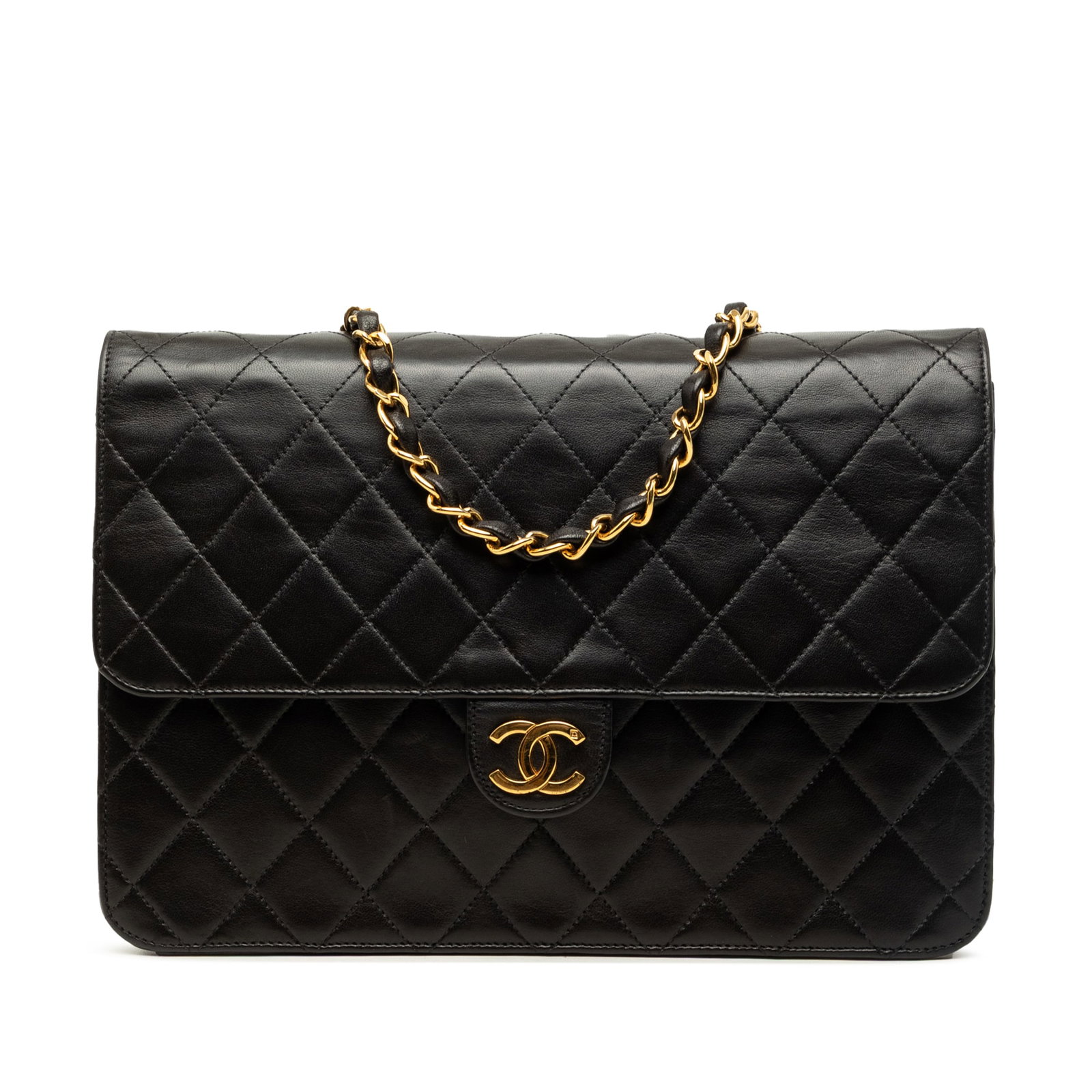 Chanel Medium CC Single Flap Shoulder Bag Quilted Lambskin Black: Chanel Medium CC Single Flap Shoulder Bag Quilted Lambskin Black Medium CC Quilted Lambskin Single Flap shoulder bag crafted in black quilted lambskin leather. It features a leather-woven chain strap,