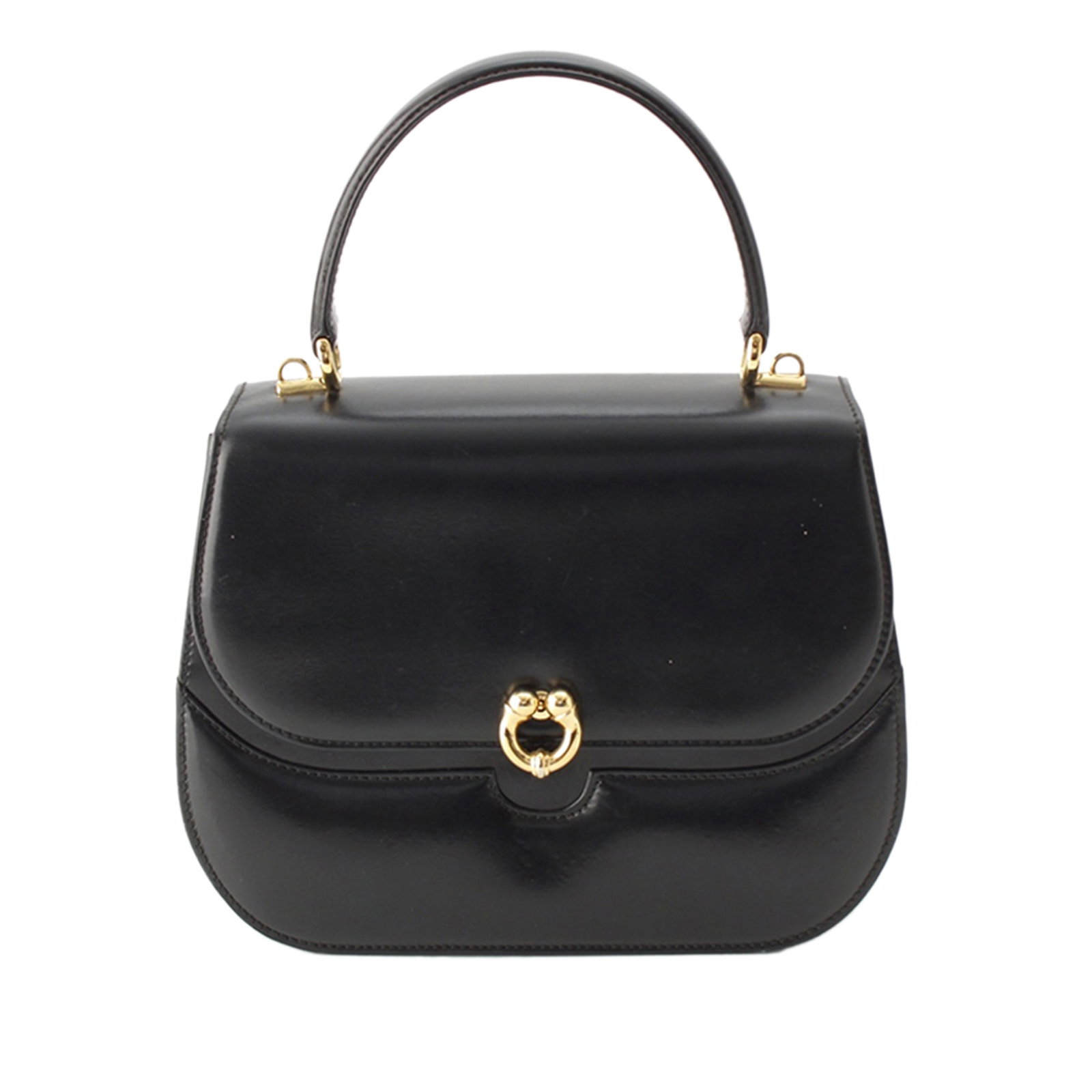 Gucci Calfskin Leather Satchel Top Handle Black: Gucci Calfskin Leather Satchel Top Handle Black Gucci top handle satchel in black calfskin leather with a structured silhouette, flat leather handle, and flap closure with metal clasp. The interior in