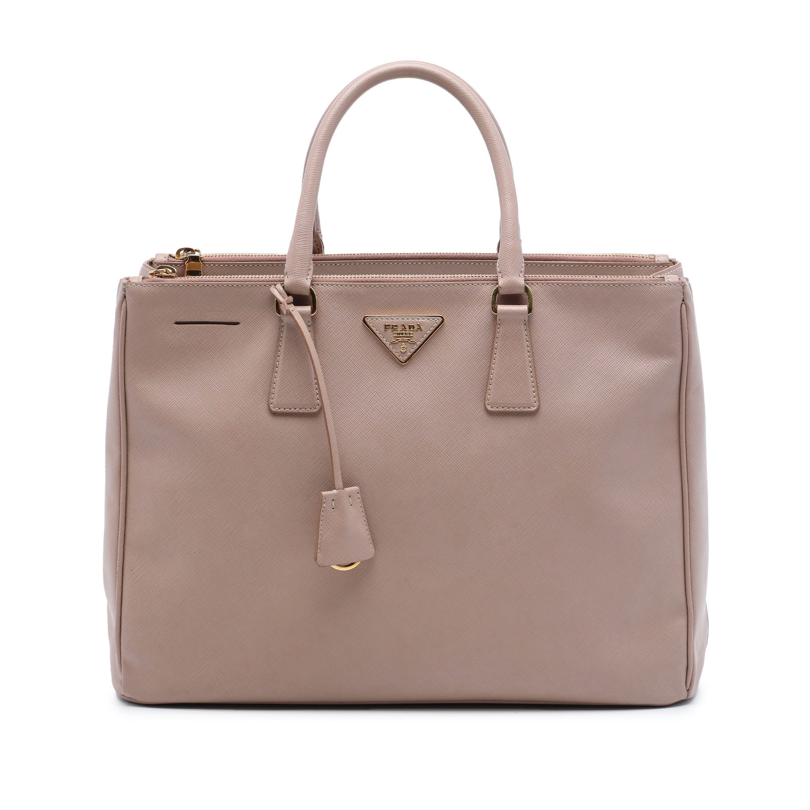 Prada Galleria Medium Saffiano Lux Leather Double Zip Tote: Prada Galleria Medium Saffiano Lux Leather Double Zip Tote This Prada Medium Saffiano Lux Galleria Double Zip Tote is crafted in brown saffiano leather with rolled leather top handles, an open top, du
