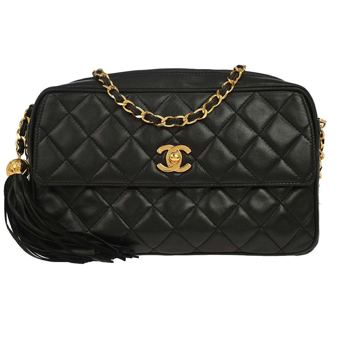 CHANEL Chain Shoulder Small Camera Bag Black Lambskin: CHANEL Chain Shoulder Small Camera Bag Black Lambskin Small Chanel camera bag in black quilted lambskin leather with a zip closure and chain crossbody strap. The bag features a CC pattern, gold-color 
