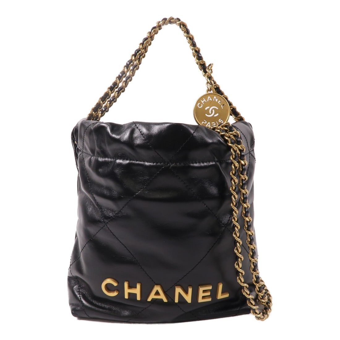 CHANEL Chanel 22 Mini AS3980 black calfskin chain shoulder bag: CHANEL Chanel 22 Mini AS3980 black calfskin chain shoulder bag This CHANEL 22 Mini Chain Shoulder Bag is a 2way shoulder bag in black calfskin (cowhide) with CC hardware in gold tone. It features one 