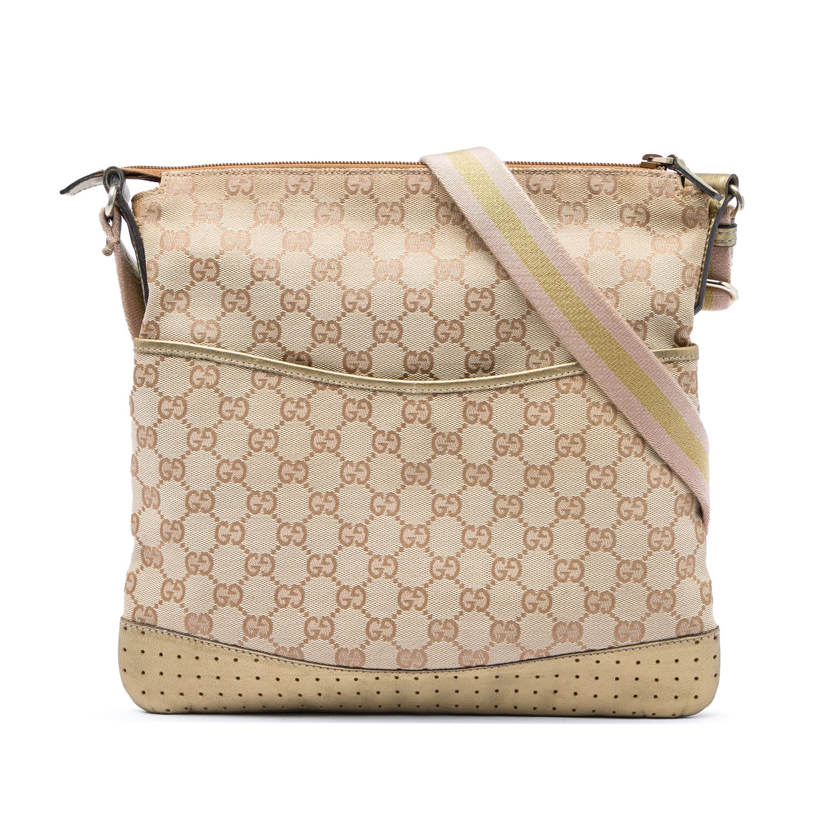 Gucci GG Canvas Web Beige Crossbody Bag with Leather Trim: Gucci GG Canvas Web Beige Crossbody Bag with Leather Trim Gucci GG Canvas Web Crossbody bag in beige canvas with leather trim. This crossbody design features a flat strap, top zip closure, an exterior