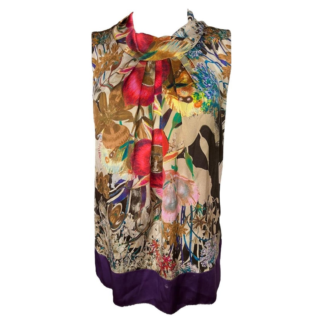 Etro floral silk sleeveless blouse multicolor EU 42: Etro floral silk sleeveless blouse multicolor EU 42 Vintage Etro silk multicolored blouse with a floral motif, collar design, and sleeveless construction. It was made in Italy, dates to the late 20th 
