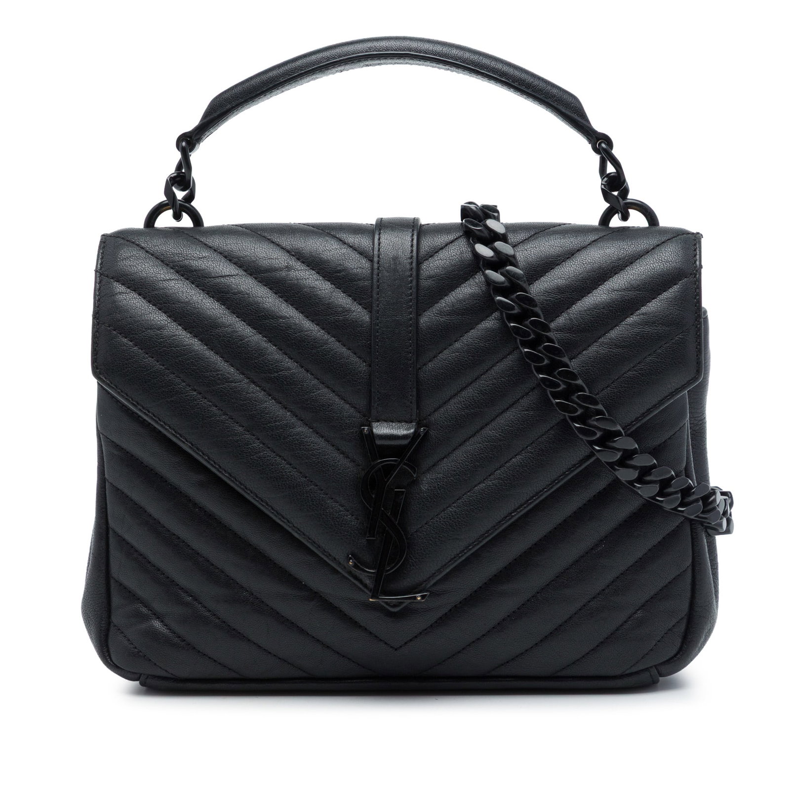 Saint Laurent College Medium Black Sheepskin Satchel with Chain Strap: Saint Laurent College Medium Black Sheepskin Satchel with Chain Strap Saint Laurent College satchel in black quilted sheepskin with a monochrome monogram design. This medium bag features a flat leathe