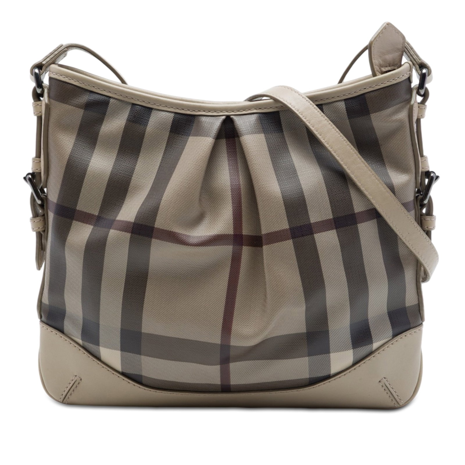 Burberry Hartham Crossbody Bag in Smoke Check Coated Canvas: Burberry Hartham Crossbody Bag in Smoke Check Coated Canvas Burberry Hartham crossbody bag in smoke check coated canvas with leather trim. This design features an adjustable flat leather strap, top zi