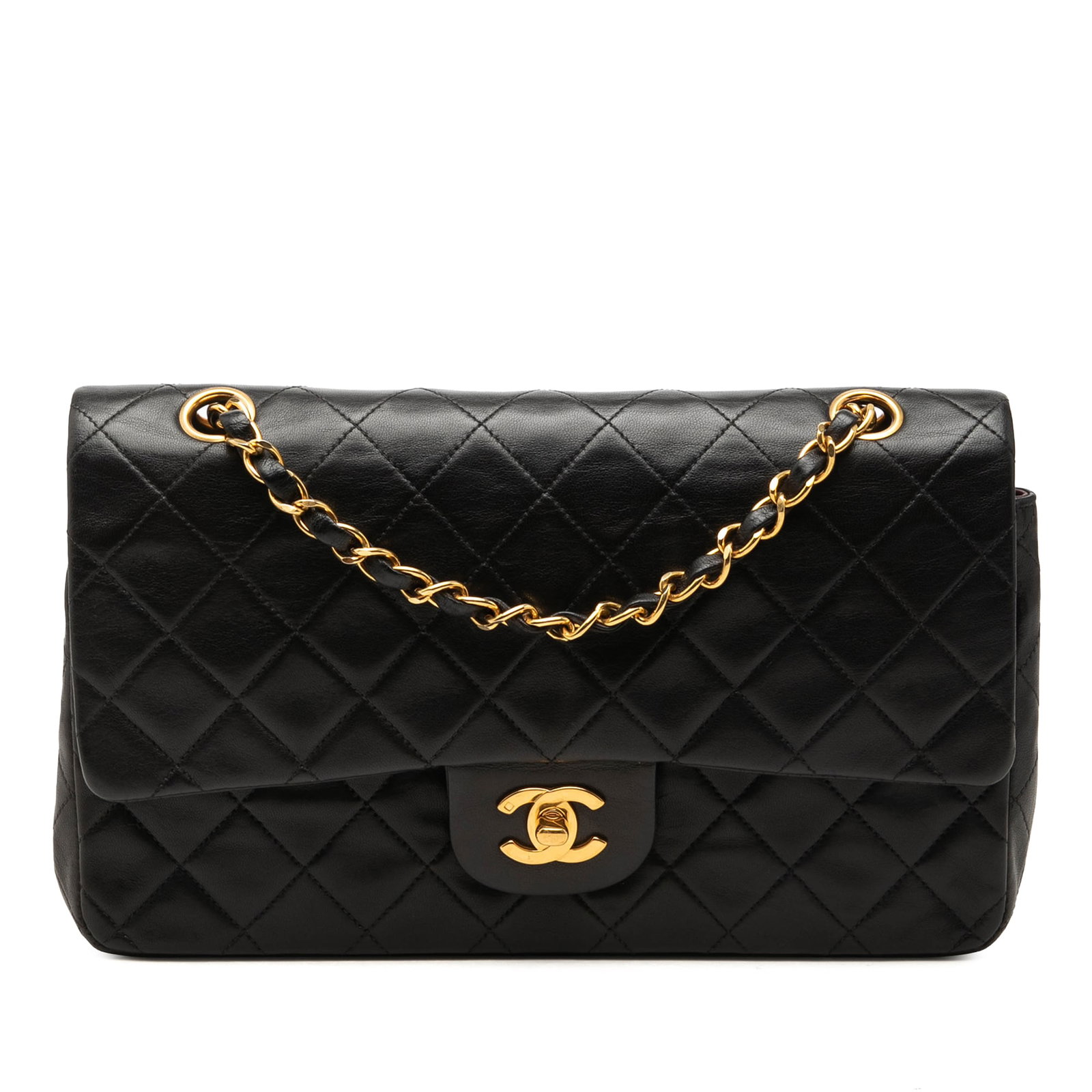 Black Leather Shoulder Bag Chanel Medium Classic Double Flap: Black Leather Shoulder Bag Chanel Medium Classic Double Flap A Chanel Medium Classic Lambskin Double Flap shoulder bag crafted in black quilted lambskin. It features leather-woven chain straps, double