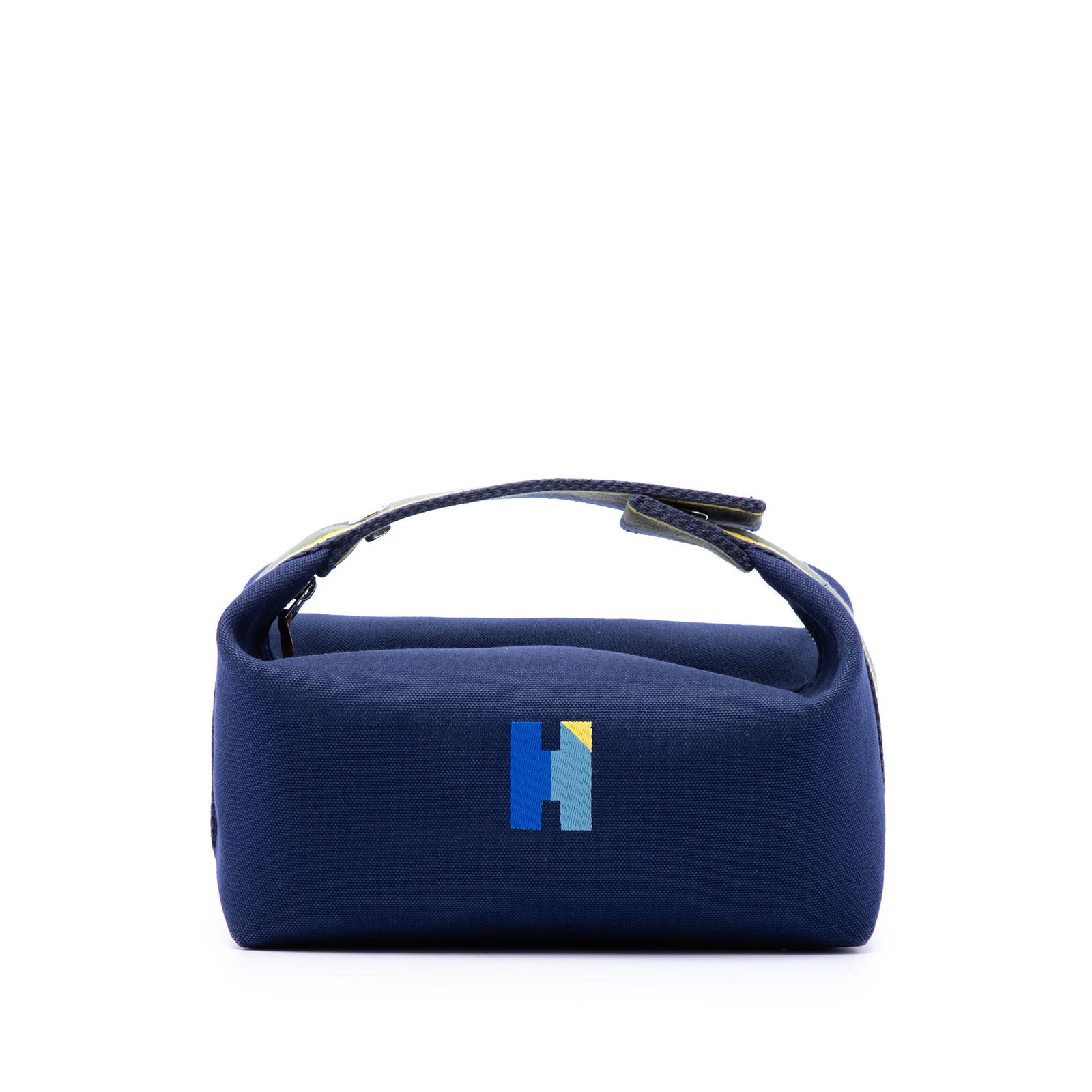 Hermes Bride A Brac H Pavillon Small Toile Case: Hermes Bride A Brac H Pavillon Small Toile Case A Hermes Bride-A-Brac H Pavillon case in small size, crafted in blue fabric with a flat canvas handle, top zip closure, and interior slip pockets. Made 