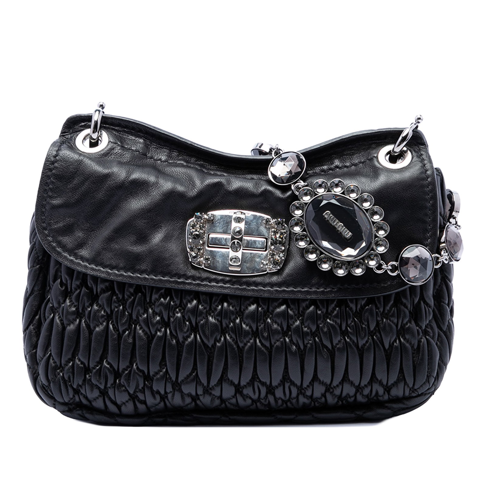 Miu Miu Matelasse Nappa Leather Crossbody Bag with Crystal Chain: Miu Miu Matelasse Nappa Leather Crossbody Bag with Crystal Chain Miu Miu Matelasse Nappa Crystal Chain Crossbody bag in black leather with a jeweled chain shoulder strap and a front flap with crystal-