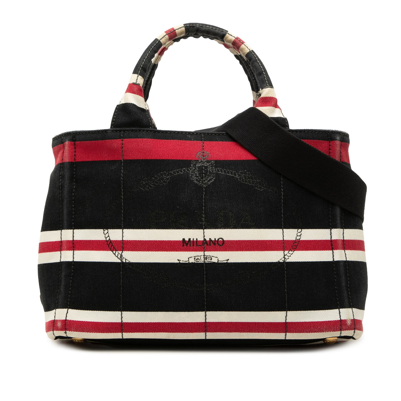 Prada Canapa Logo Stripes Small Canvas Satchel Bag: Prada Canapa Logo Stripes Small Canvas Satchel Bag Prada small Canapa Logo Stripes tote in black canvas with flat top handles, a detachable strap, an open top, and interior zip and slip pockets. Made 
