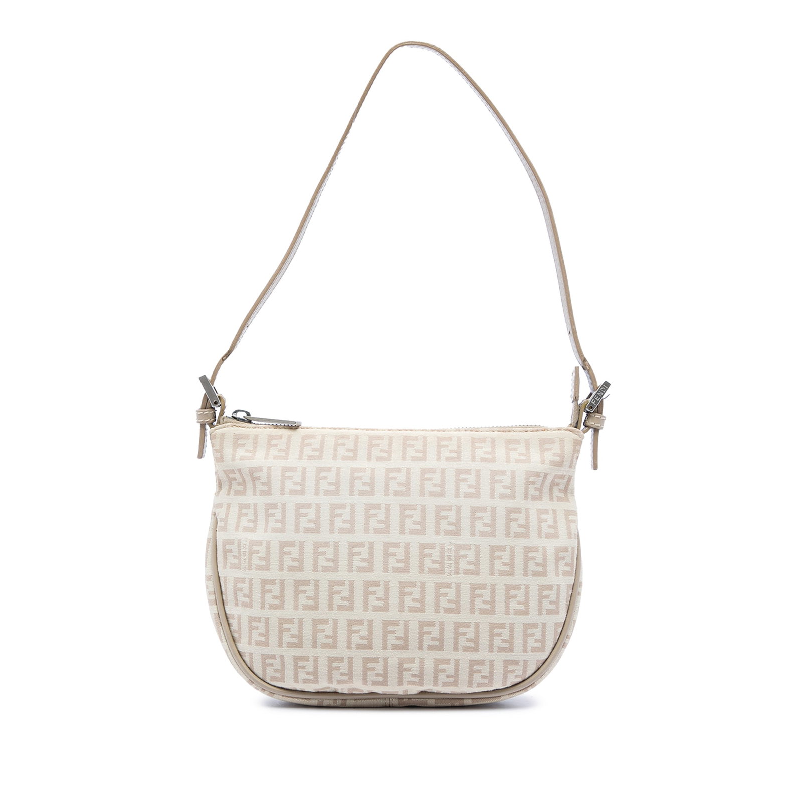 Fendi Zucchino shoulder bag in beige canvas with leather trim: Fendi Zucchino shoulder bag in beige canvas with leather trim Fendi Zucchino canvas shoulder bag with leather trim and a streamlined silhouette. It features a flat leather shoulder strap, top zip clos