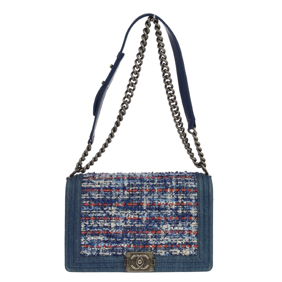 CHANEL Boy New Medium Denim Tweed Shoulder Bag Blue: CHANEL Boy New Medium Denim Tweed Shoulder Bag Blue Vintage Chanel Boy New-Medium shoulder bag in blue denim tweed with a push-lock closure and quilted lock accents. Designed with a chain shoulder str
