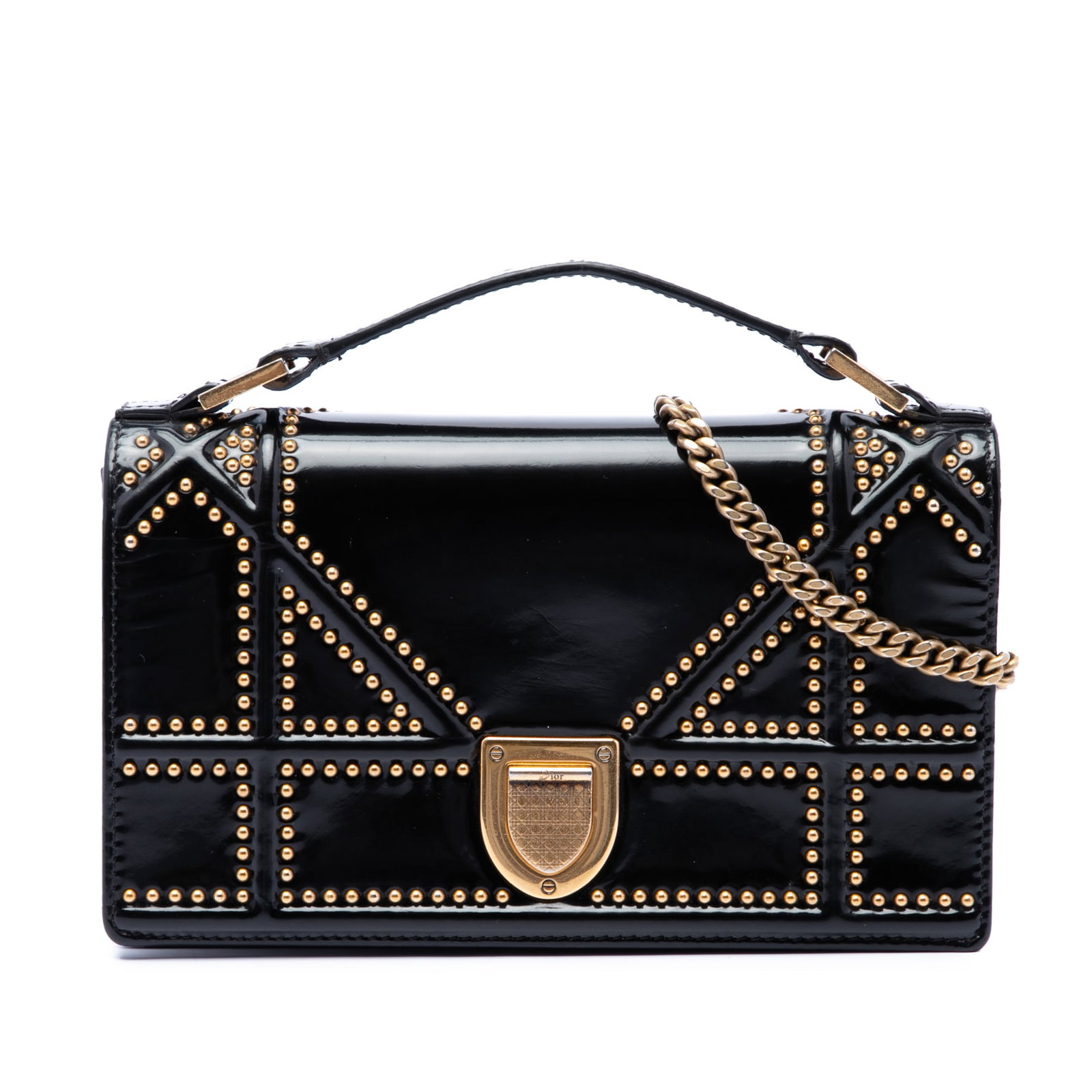 Dior Diorama studded patent leather wallet on chain with top handle: Dior Diorama studded patent leather wallet on chain with top handle A Dior Diorama wallet on chain crafted in black studded patent leather with a structured top handle and chain link strap. The design