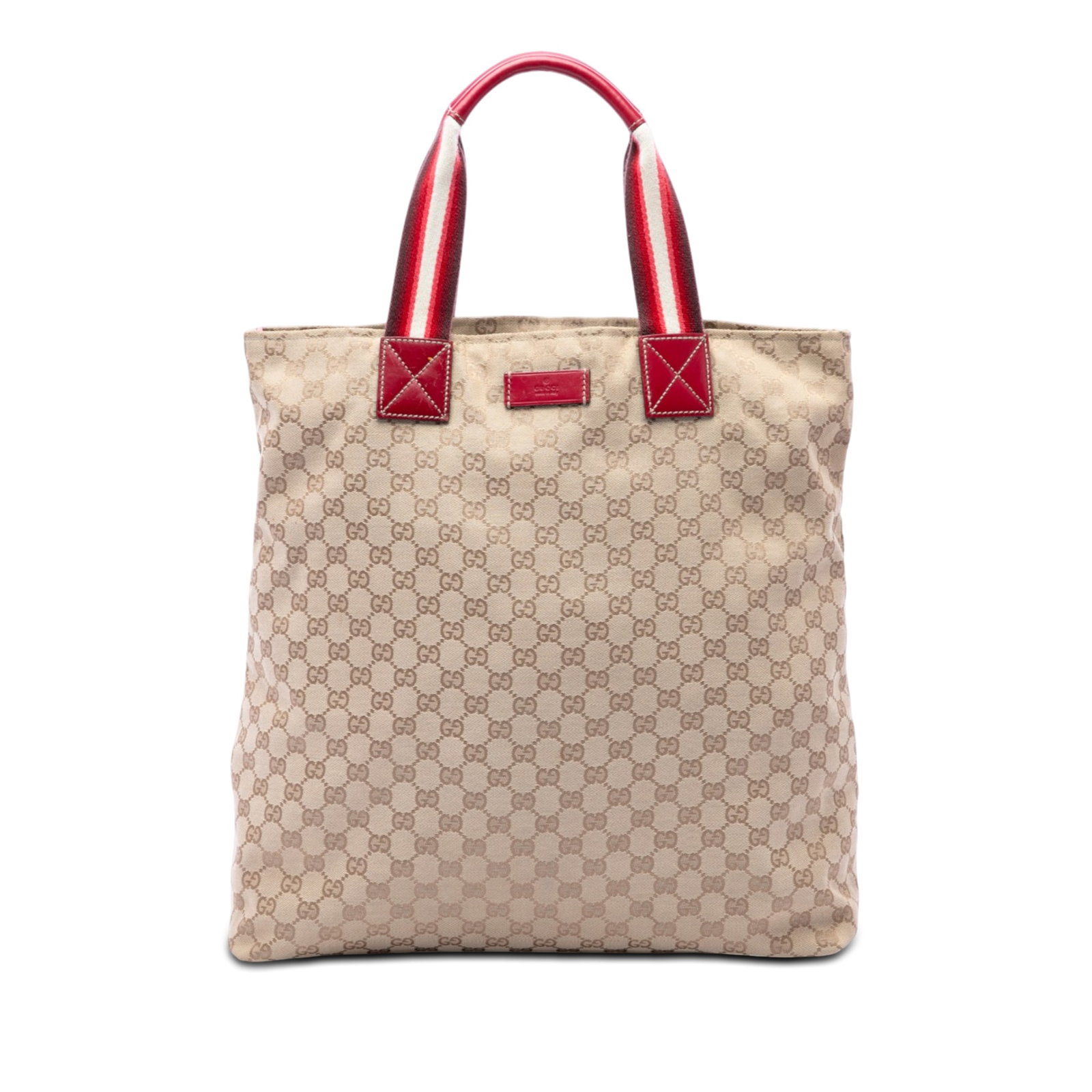 Gucci GG Canvas Tote Bag with Web Straps and Leather Trim: Gucci GG Canvas Tote Bag with Web Straps and Leather Trim A Gucci GG Canvas Web Vertical Tote in beige with a canvas body and leather trim. This tote features flat leather handles with web strap detai
