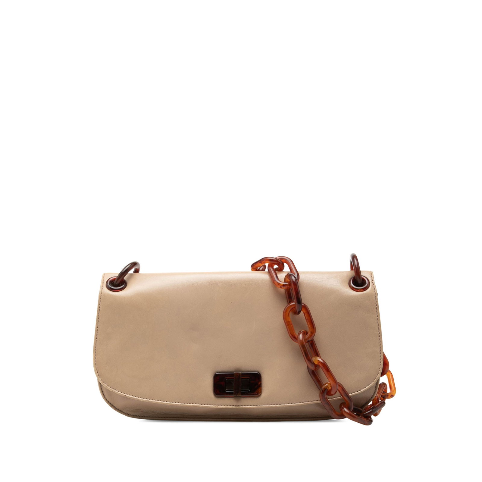 Prada Nappa Swing Shoulder Bag in Beige Leather: Prada Nappa Swing Shoulder Bag in Beige Leather A Prada Nappa Swing shoulder bag in beige leather with a tortoiseshell resin chain strap and a front flap with turn lock closure. The bag includes an ex