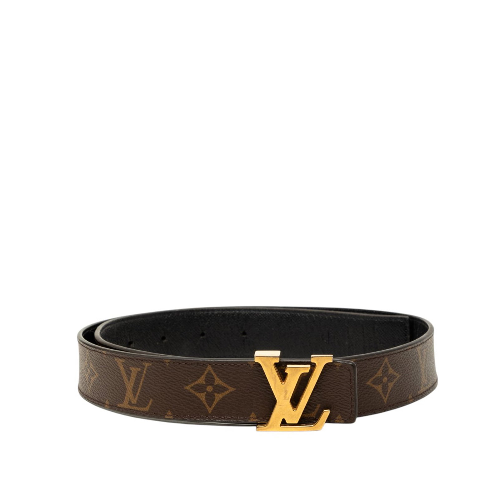 Louis Vuitton Initiales Monogram reversible canvas leather belt: Louis Vuitton Initiales Monogram reversible canvas leather belt Louis Vuitton Monogram Initiales reversible belt featuring monogram canvas on one side and leather on the other with a peg-in-hole closu